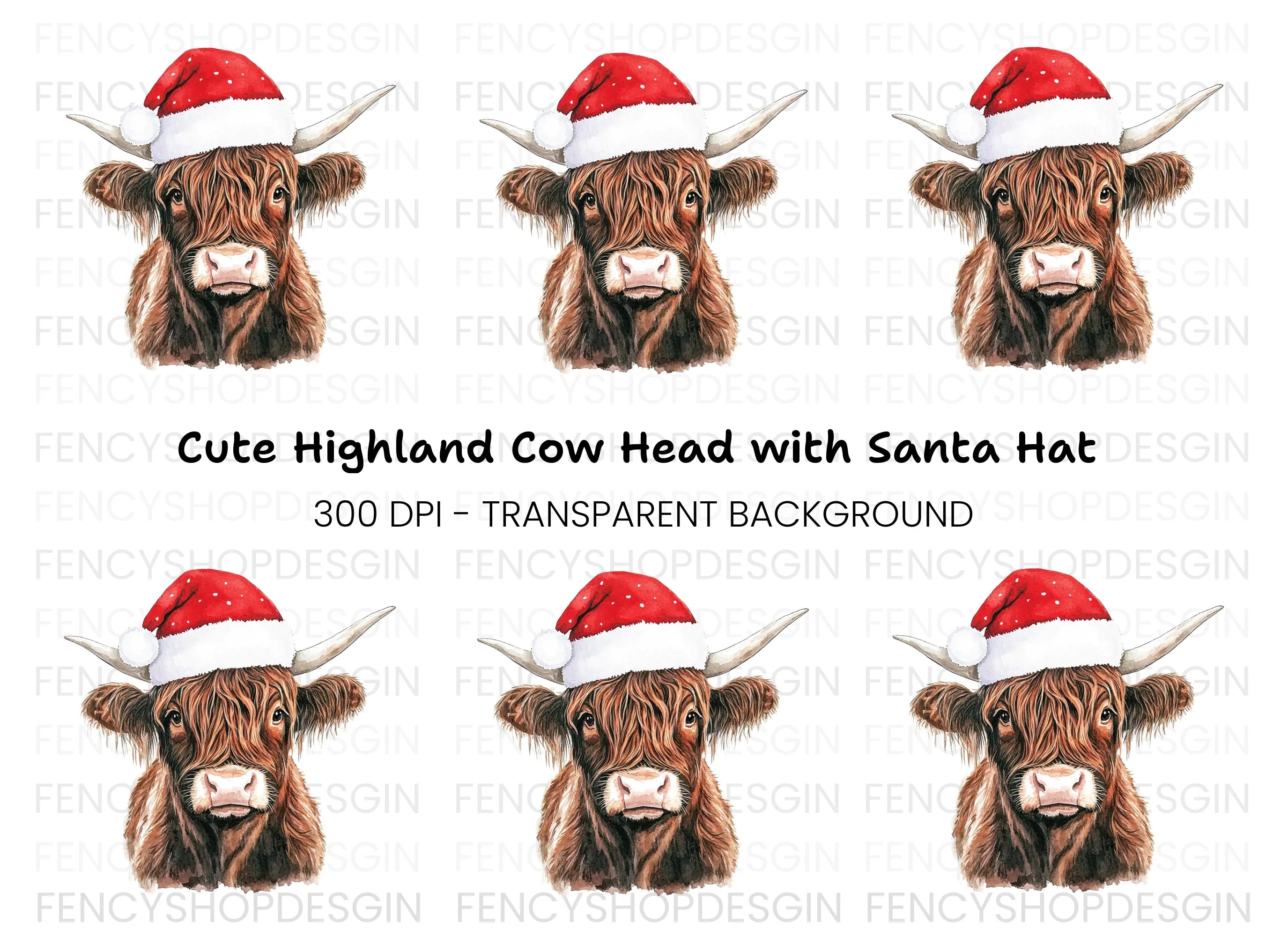 Cute Highland Cow with Santa Hat Clipart Bundle