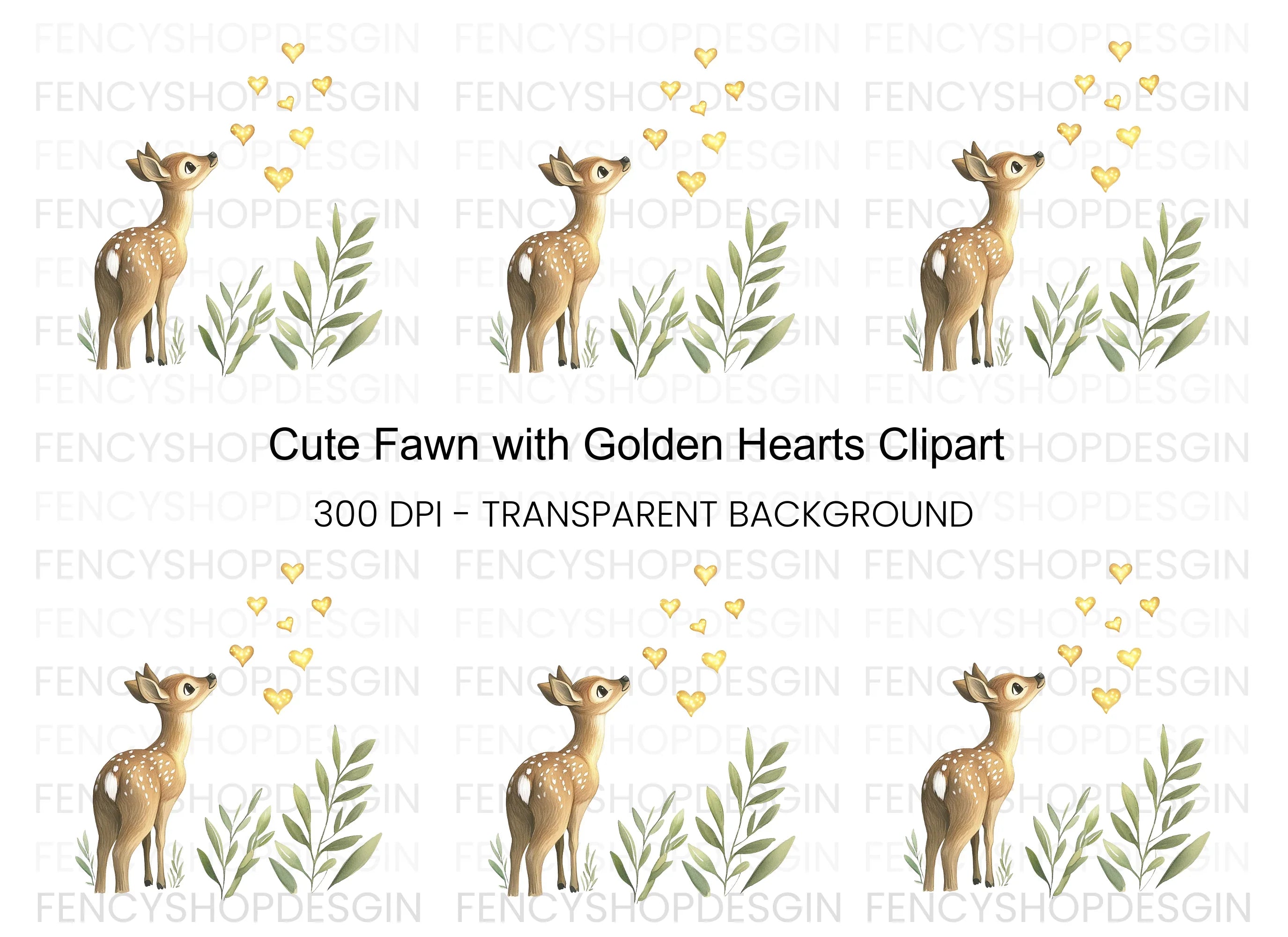 Cute Fawn with Golden Hearts Clipart Bundle