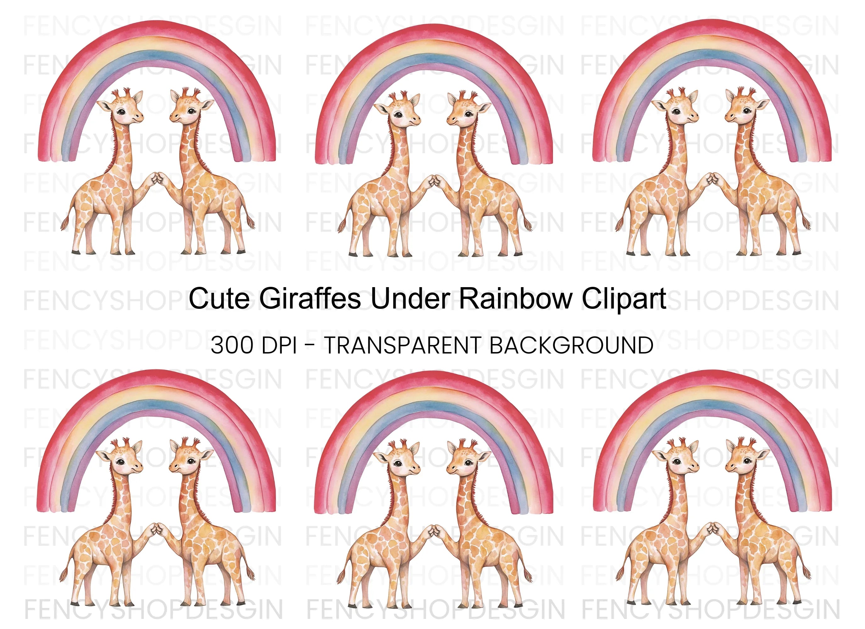 Cute Giraffes Under Rainbow Clipart Bundle