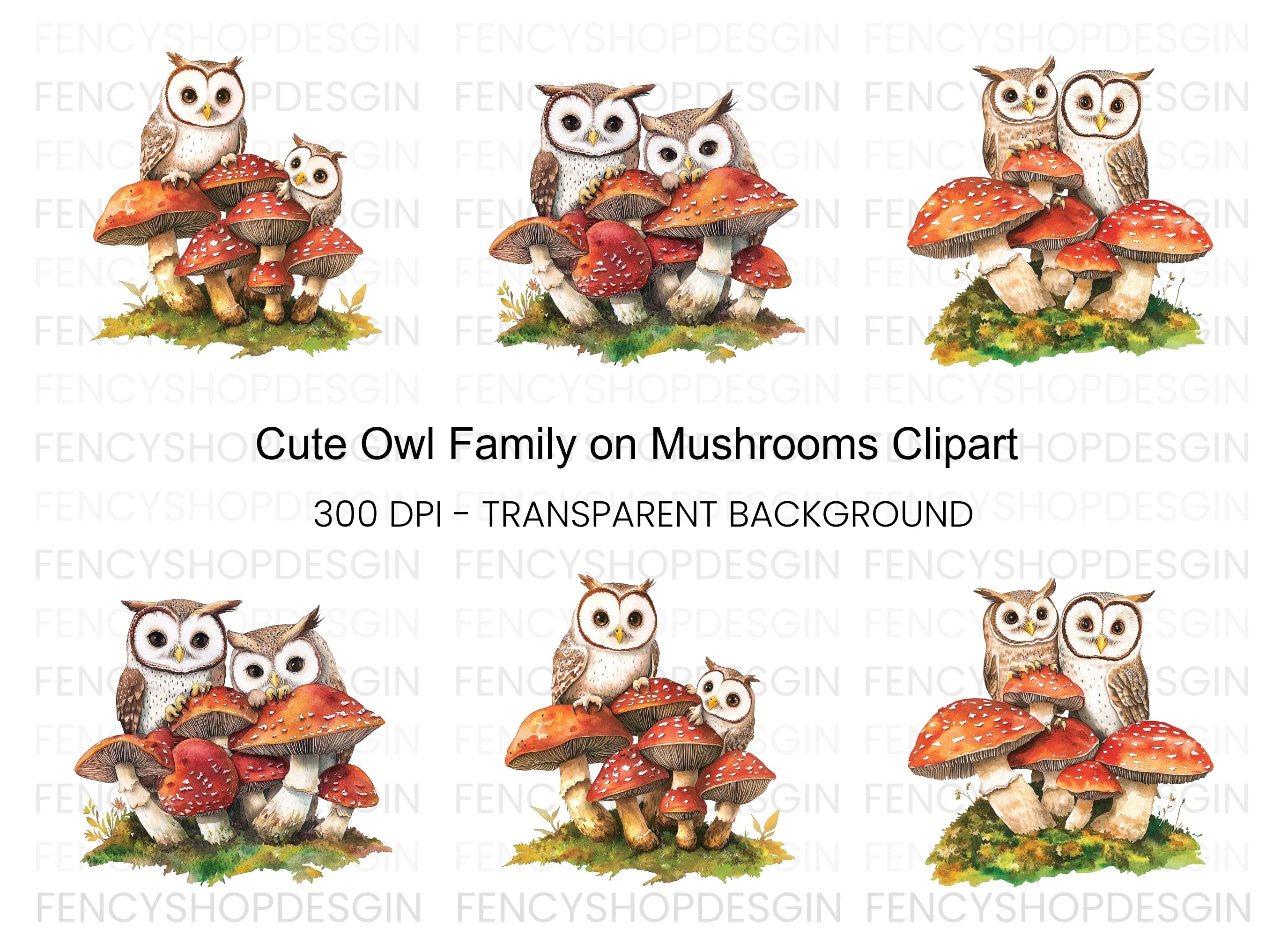 Cute Owls and Mushrooms Clipart Bundle