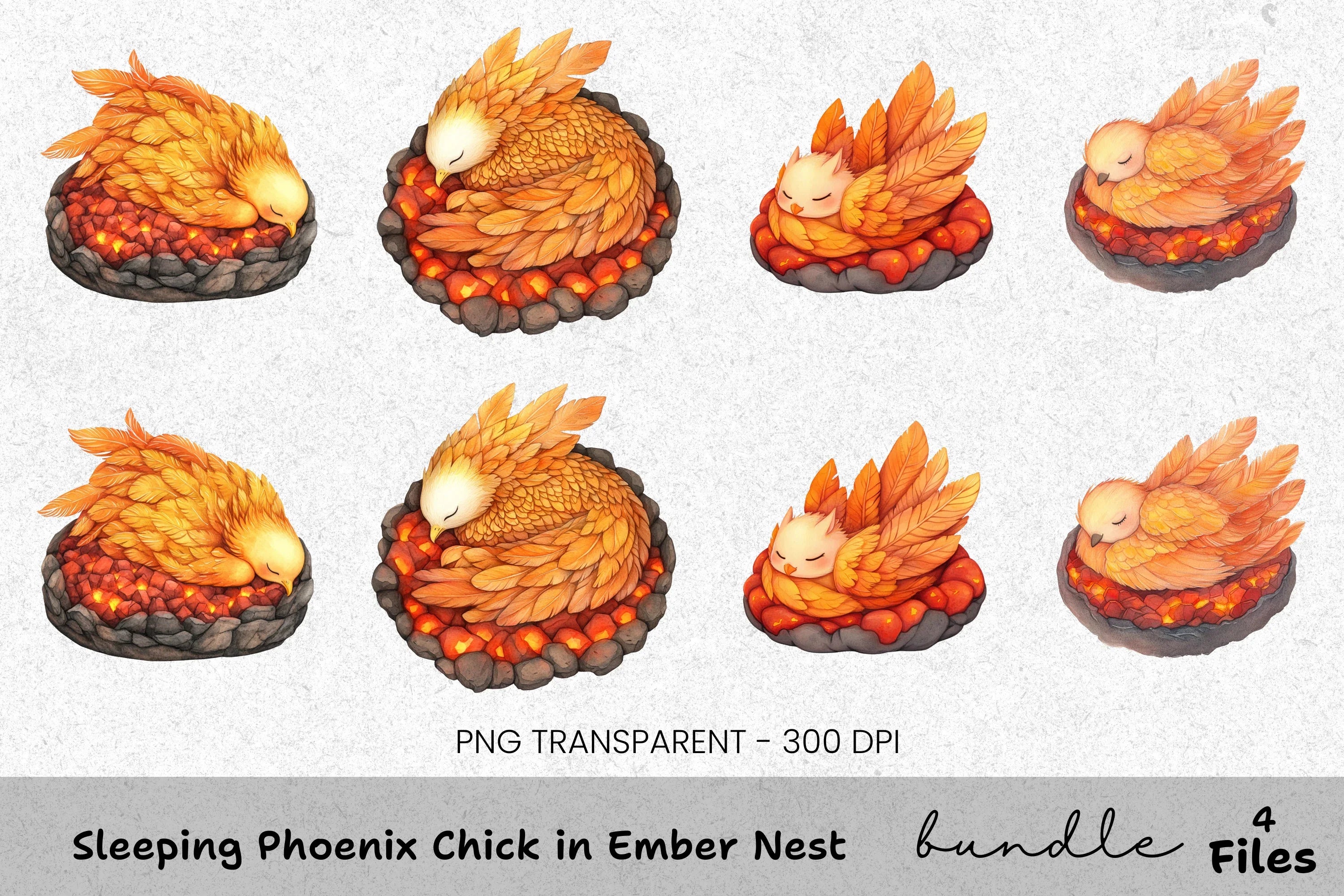 Sleeping Phoenix Chick in Ember Nest Clipart Bundle