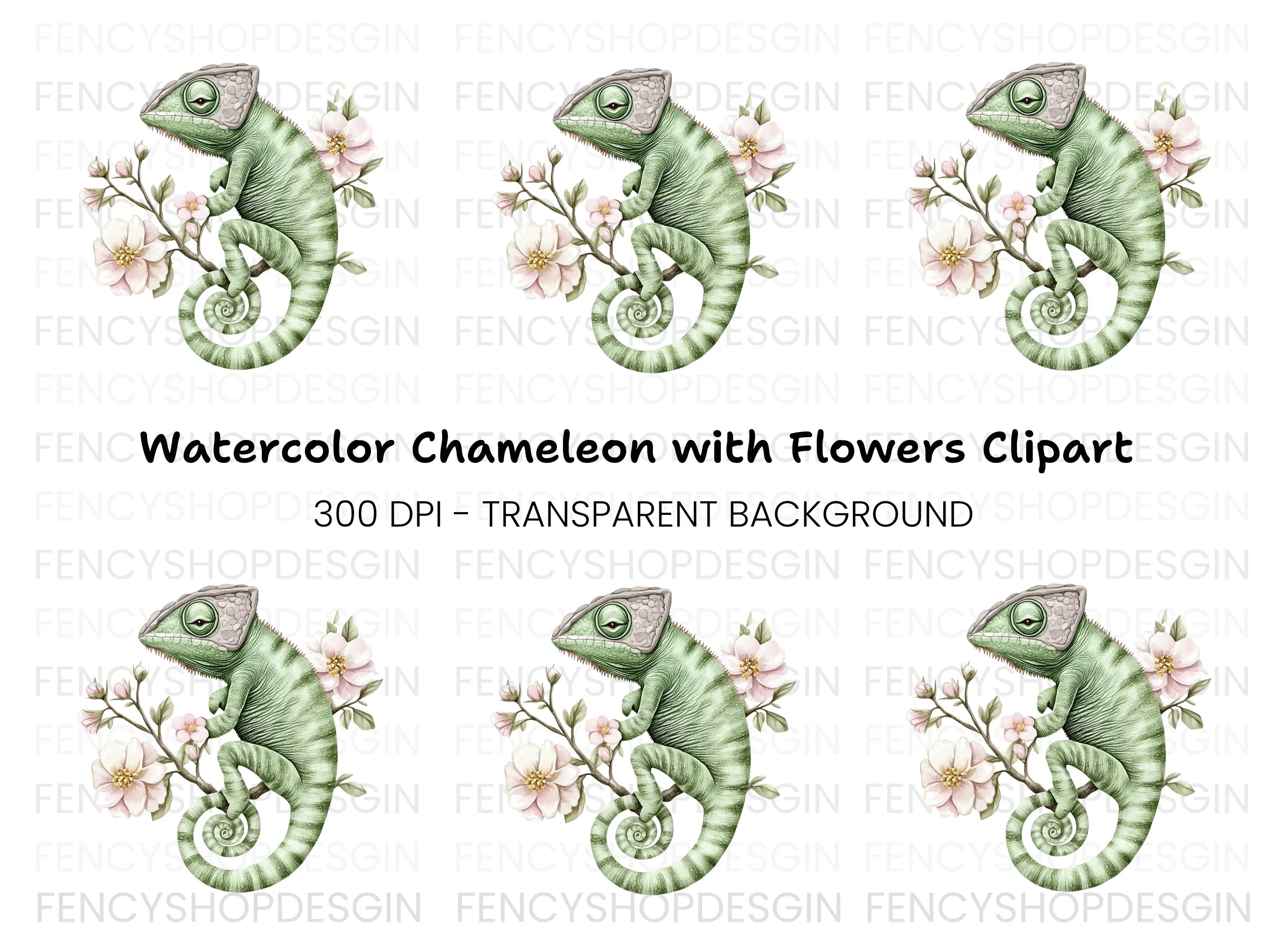 Chameleon on Branch with Pink Flowers Clipart Bundle