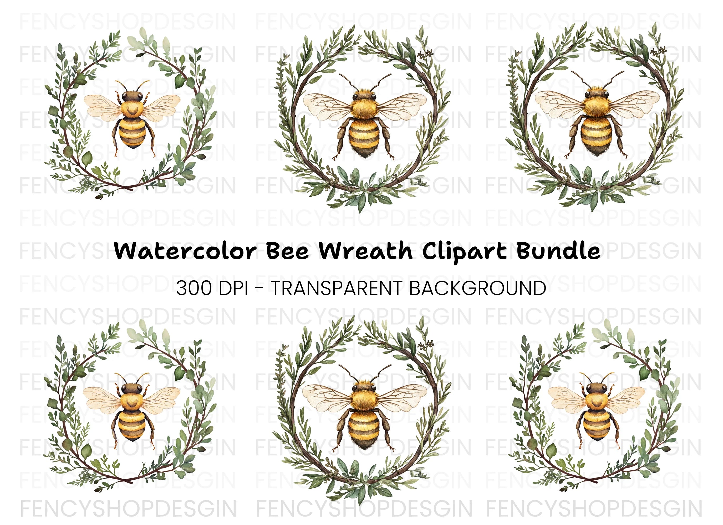 Two Bees in Botanical Wreaths Clipart Bundle
