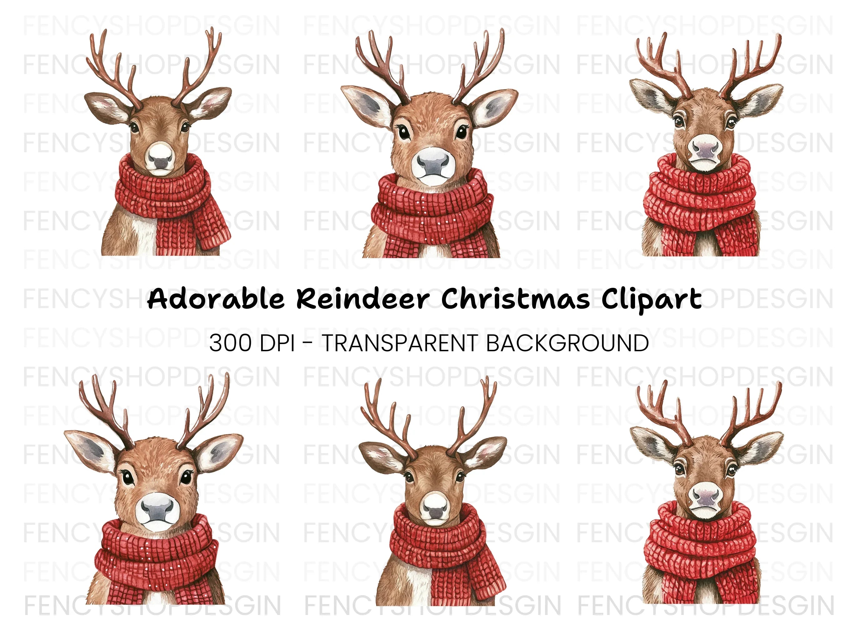 Cute Reindeer with Red Scarf Clipart Bundle