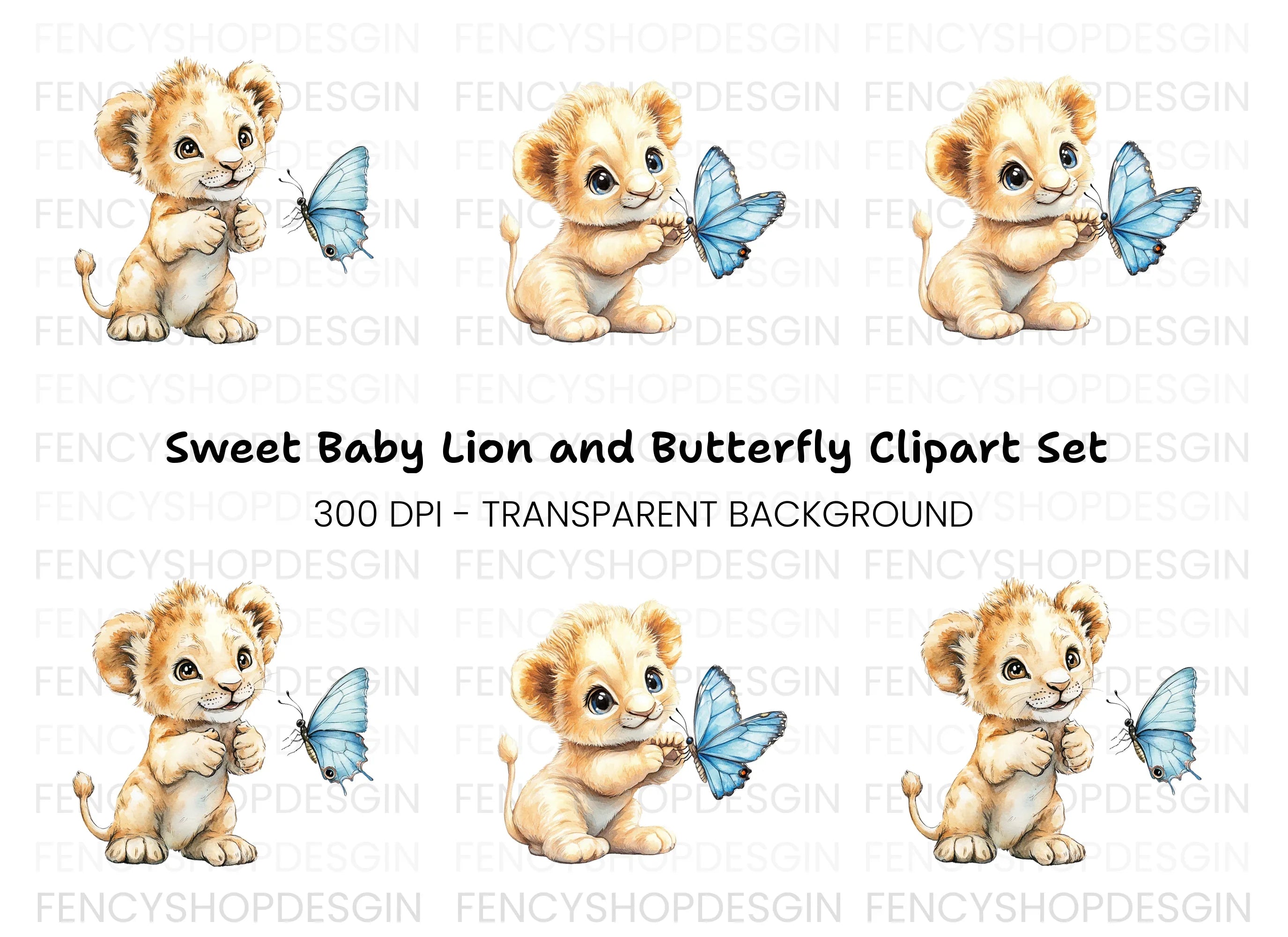 Cute Lion Cubs with Blue Butterflies Clipart Bundle