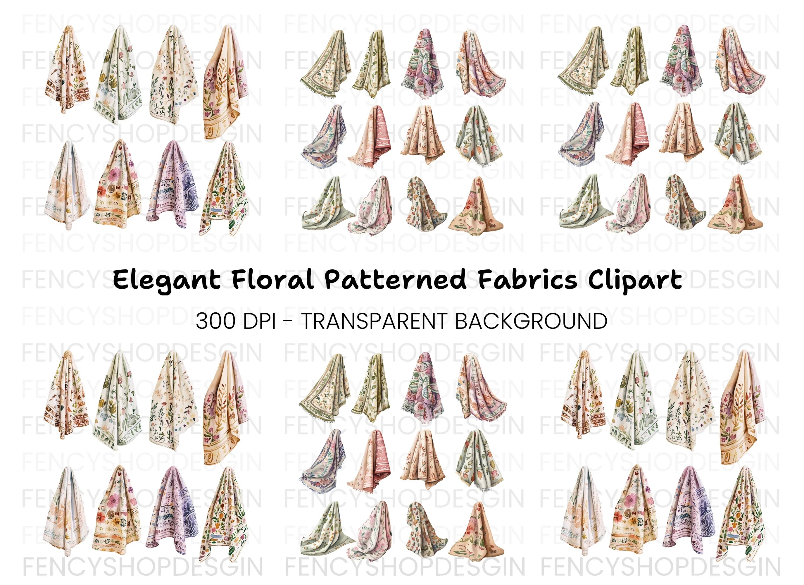 Boho Floral Textile Blanket Clipart Bundle