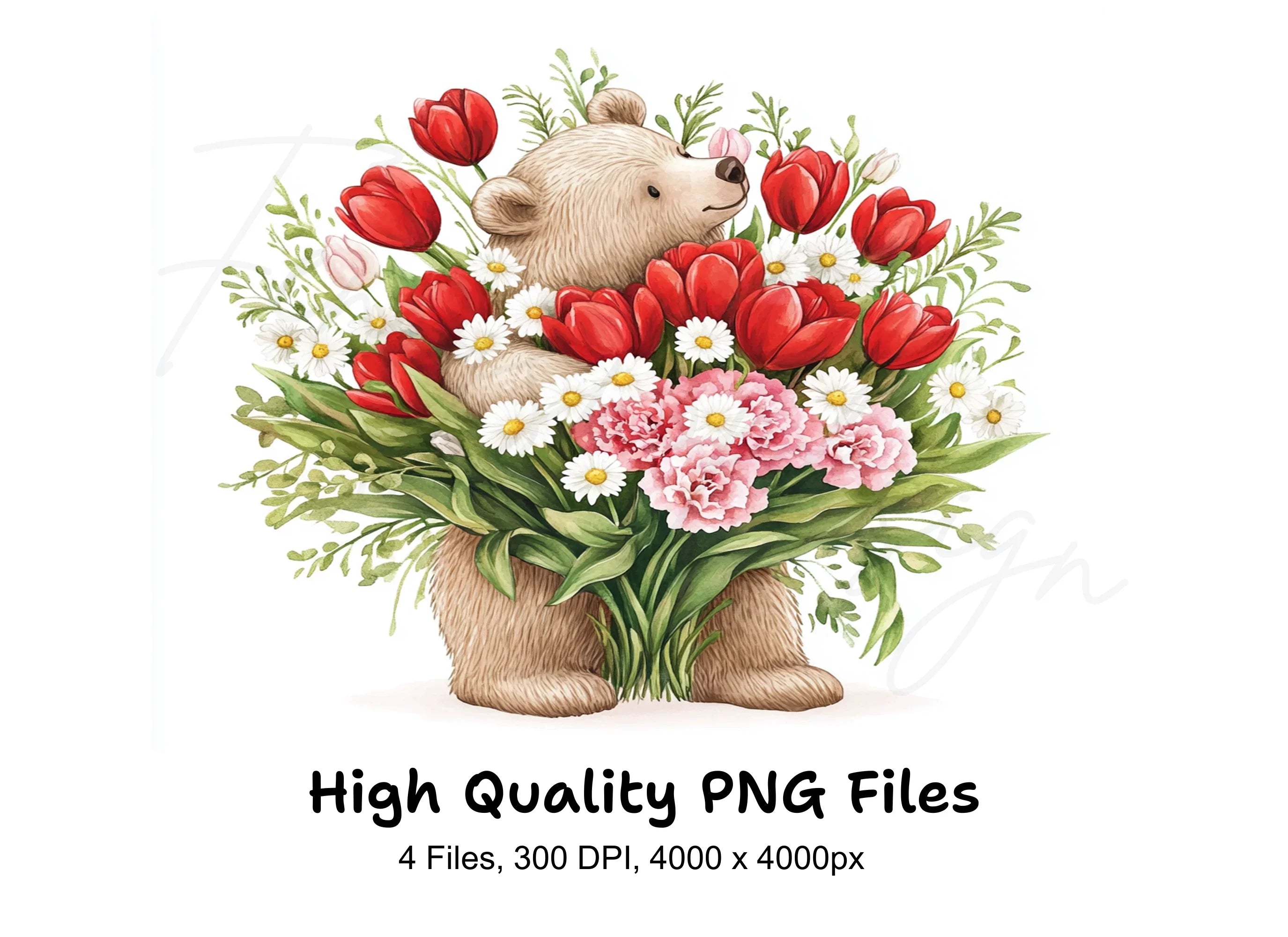 Cute Bear with Flower Bouquet Clipart Bundle