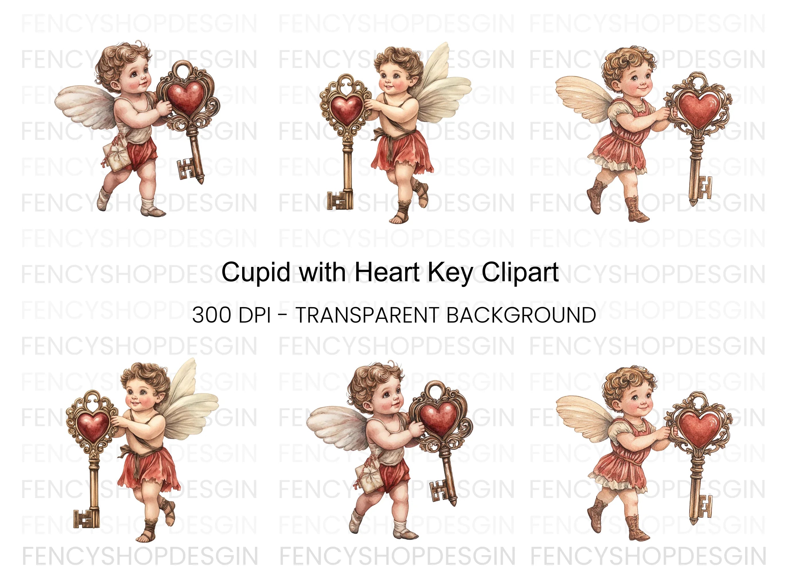 Cute Cherubs with Heart Keys Clipart Bundle