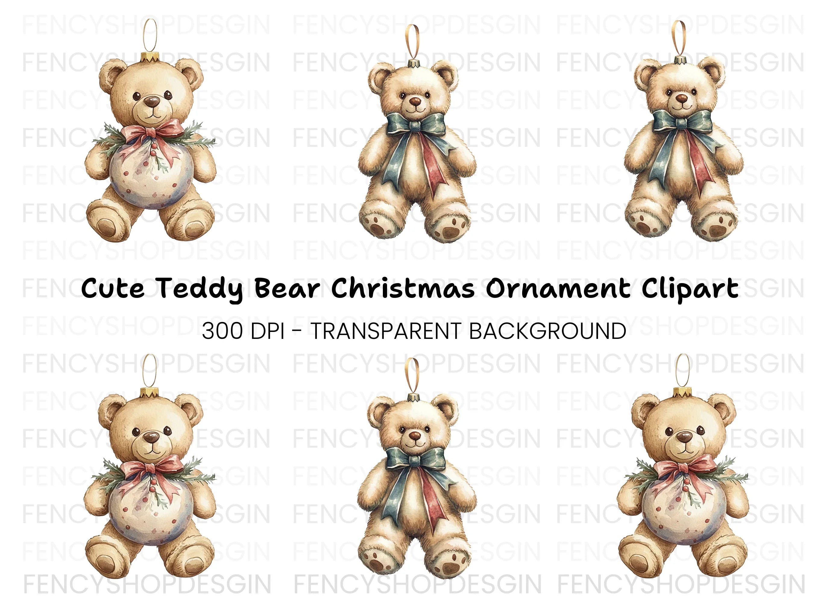 Cute Teddy Bear Christmas Ornament Clipart Bundle