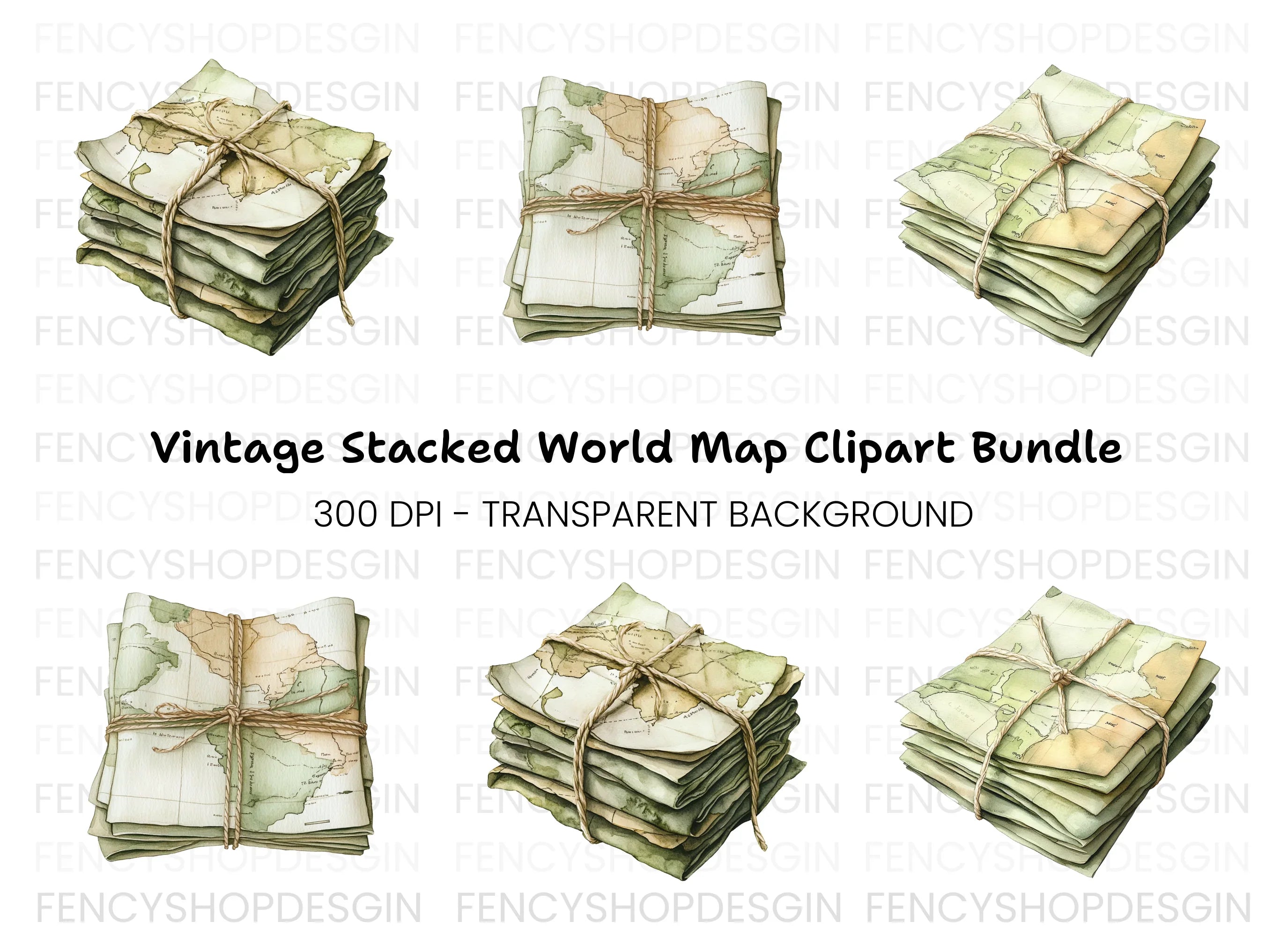 Vintage Stacked Wolrd Map Clipart Bundle