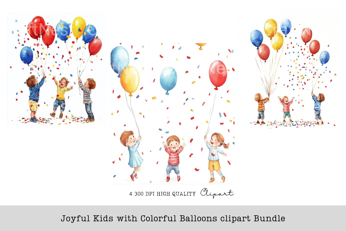 Joyful Kids With Colorful Balloons Clipart Bundle