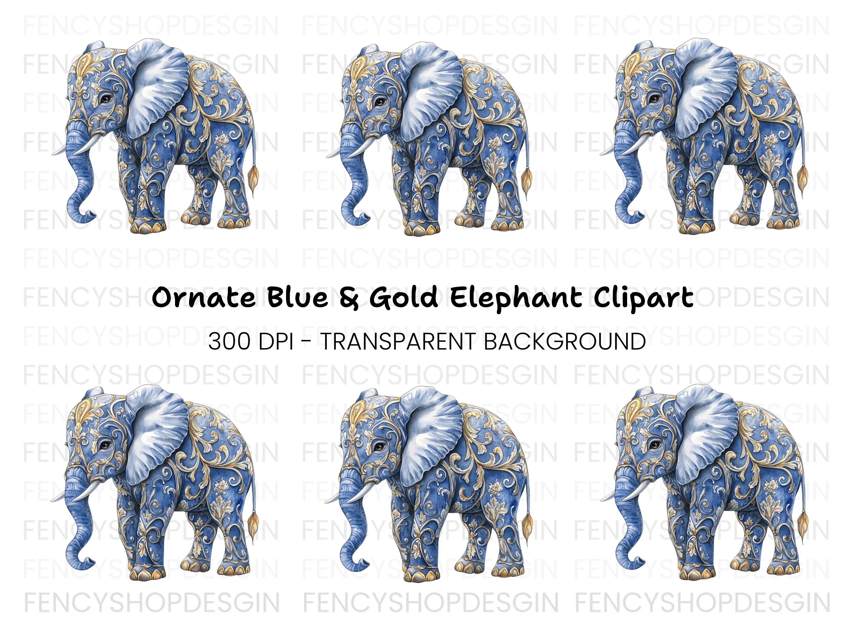 Elegant Blue Elephant with Gold Filigree Clipart Bundle