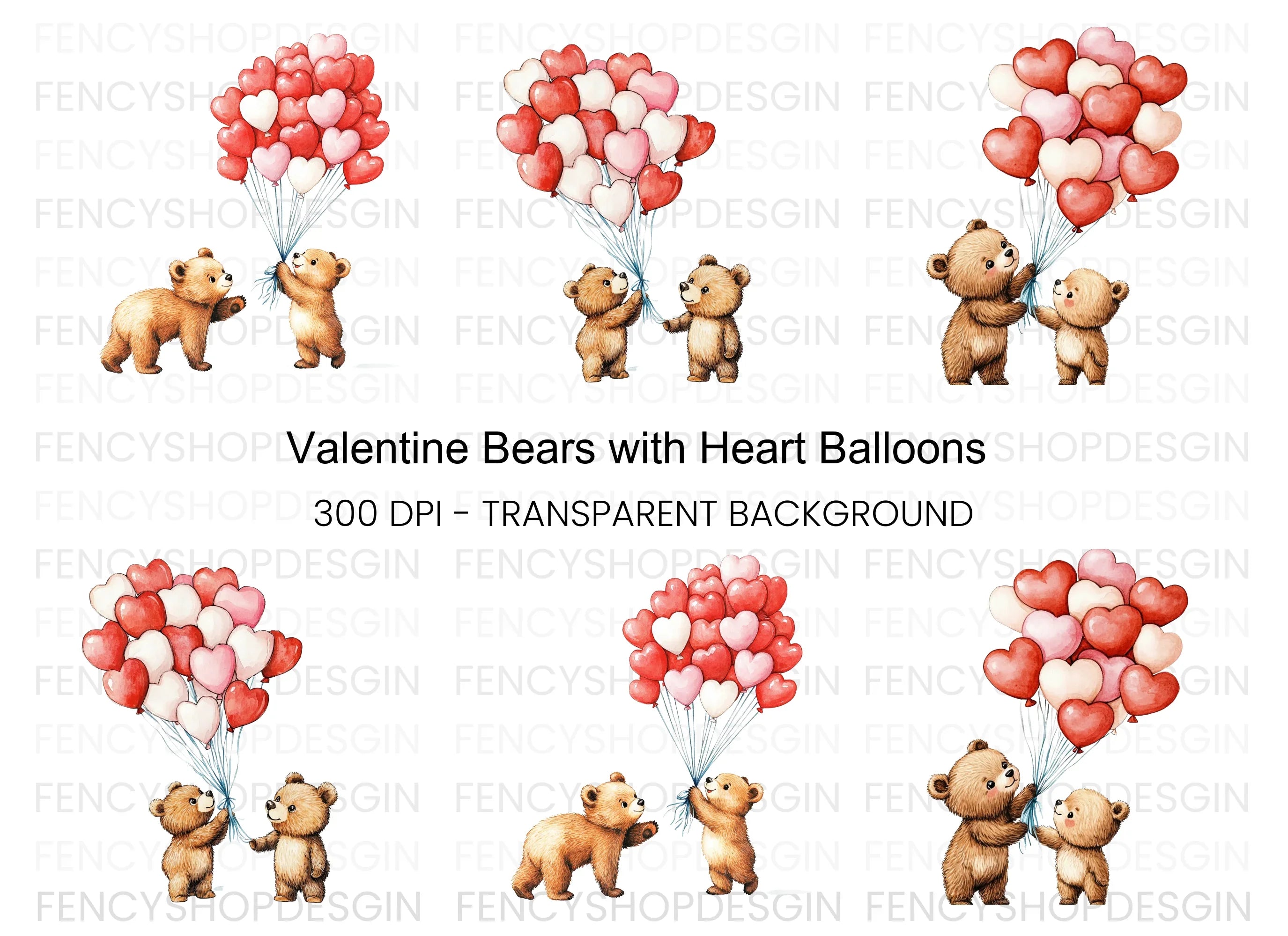 Cute Bears with Heart Balloons Clipart Bundle