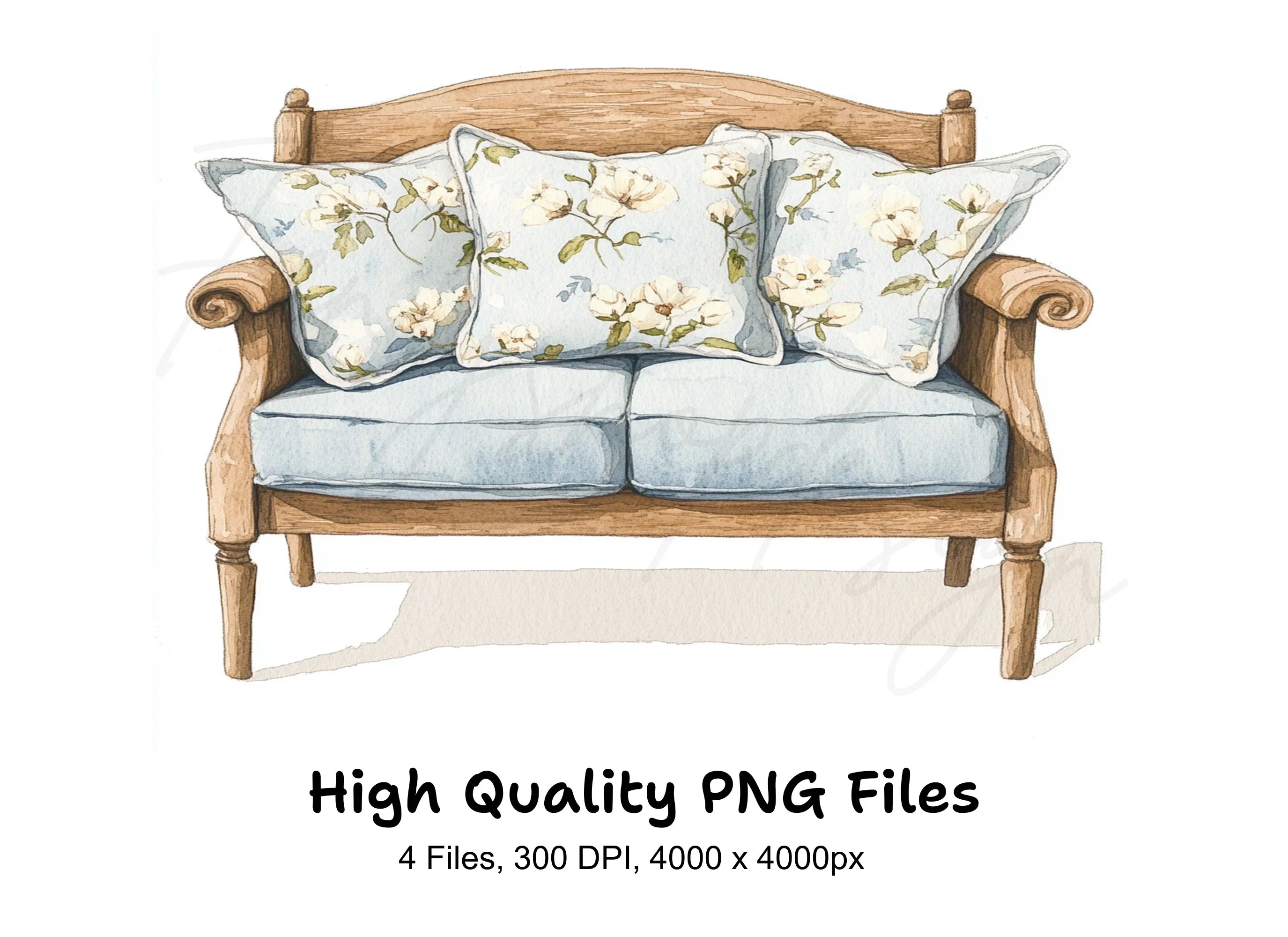 Elegant Blue Floral Sofa Clipart Bundle