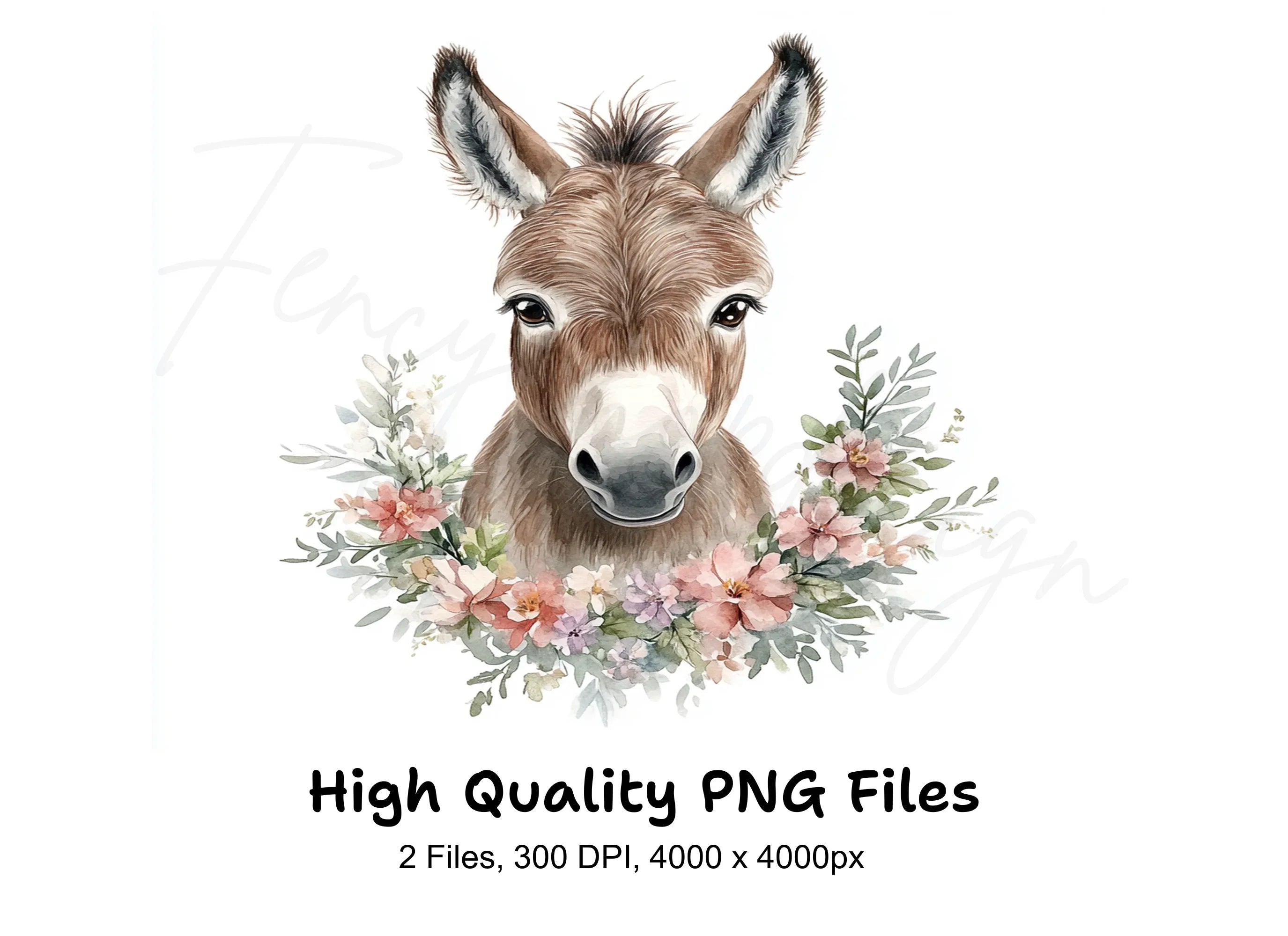 Cute Donkey Faces with Floral Wreaths Clipart Bundle