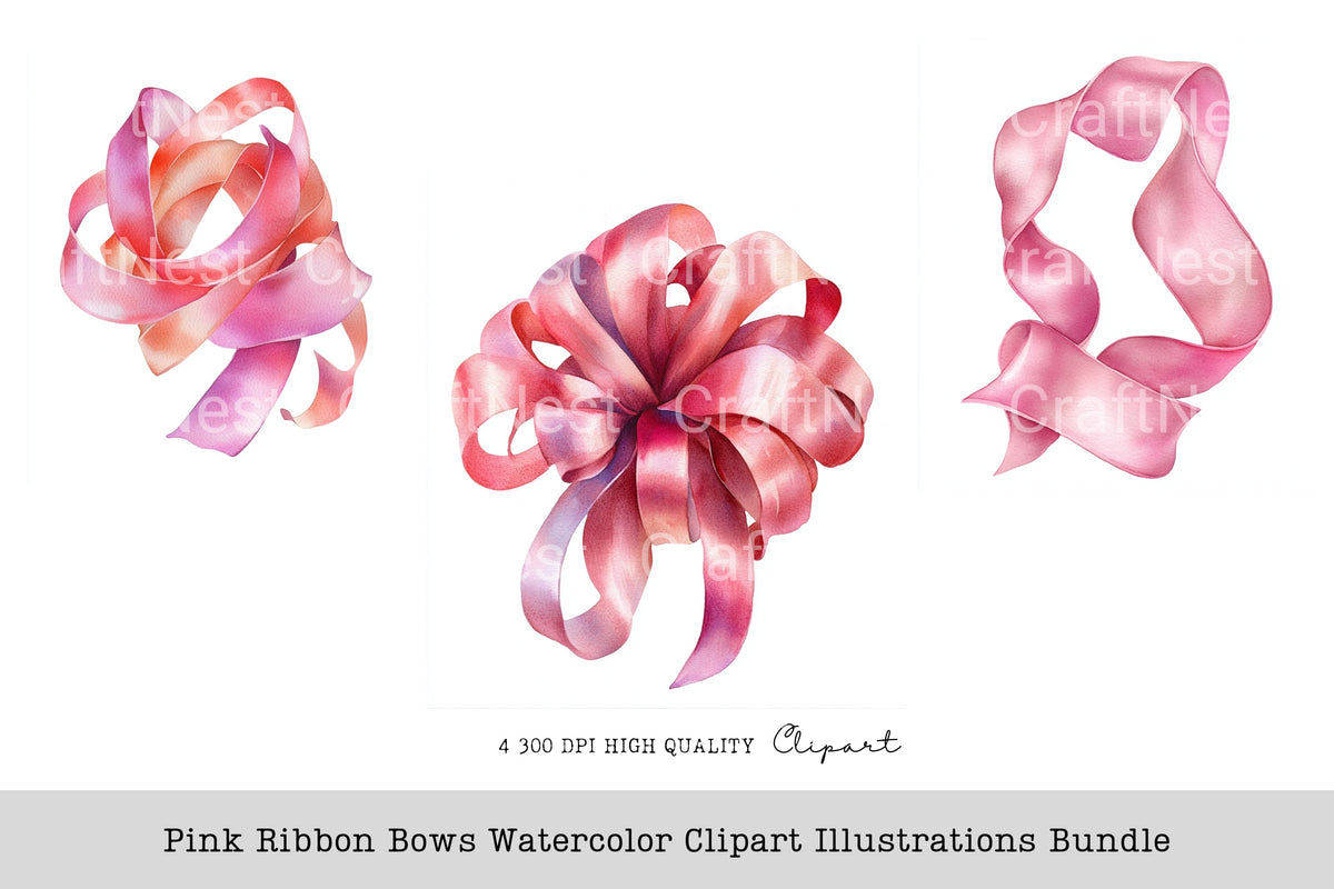 Pink Ribbon Bows Illustrations Clipart Bundle