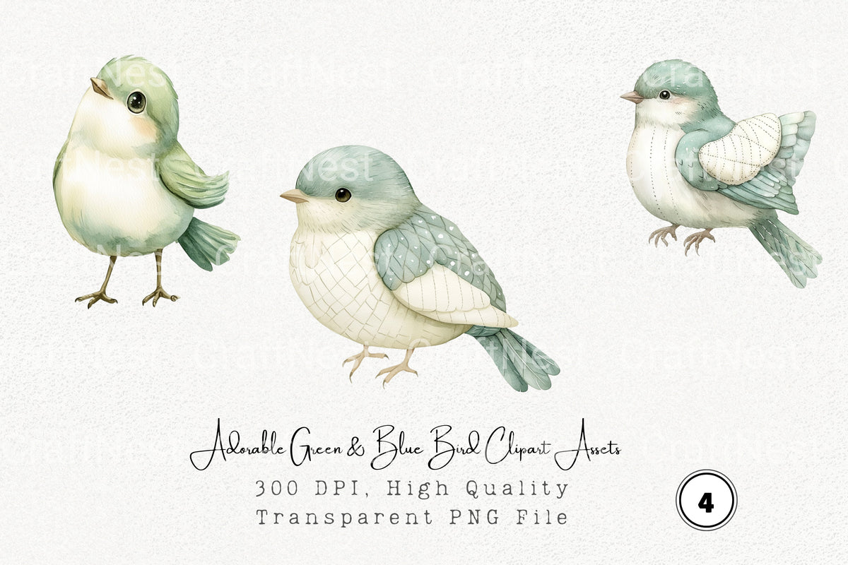 Adorable Green Blue Bird Clipart Bundle