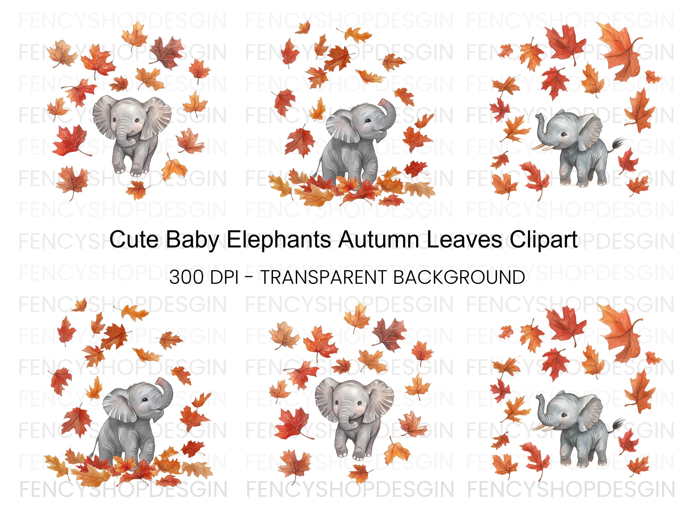 Baby Elephant Autumn Leaves Clipart Bundle