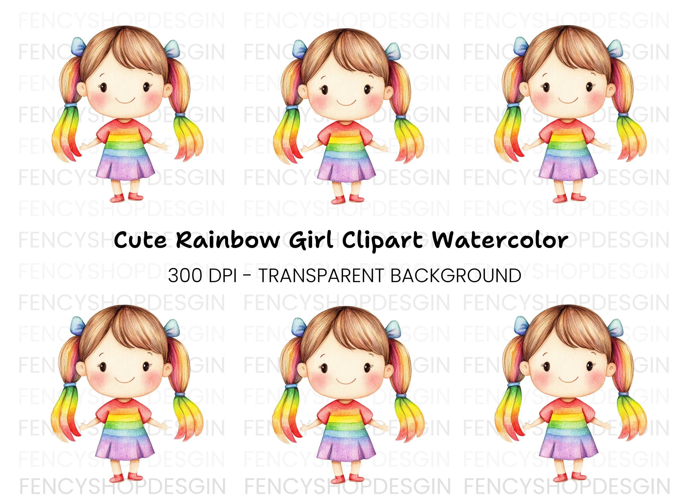 Cute Rainbow Hair Girl Clipart Bundle
