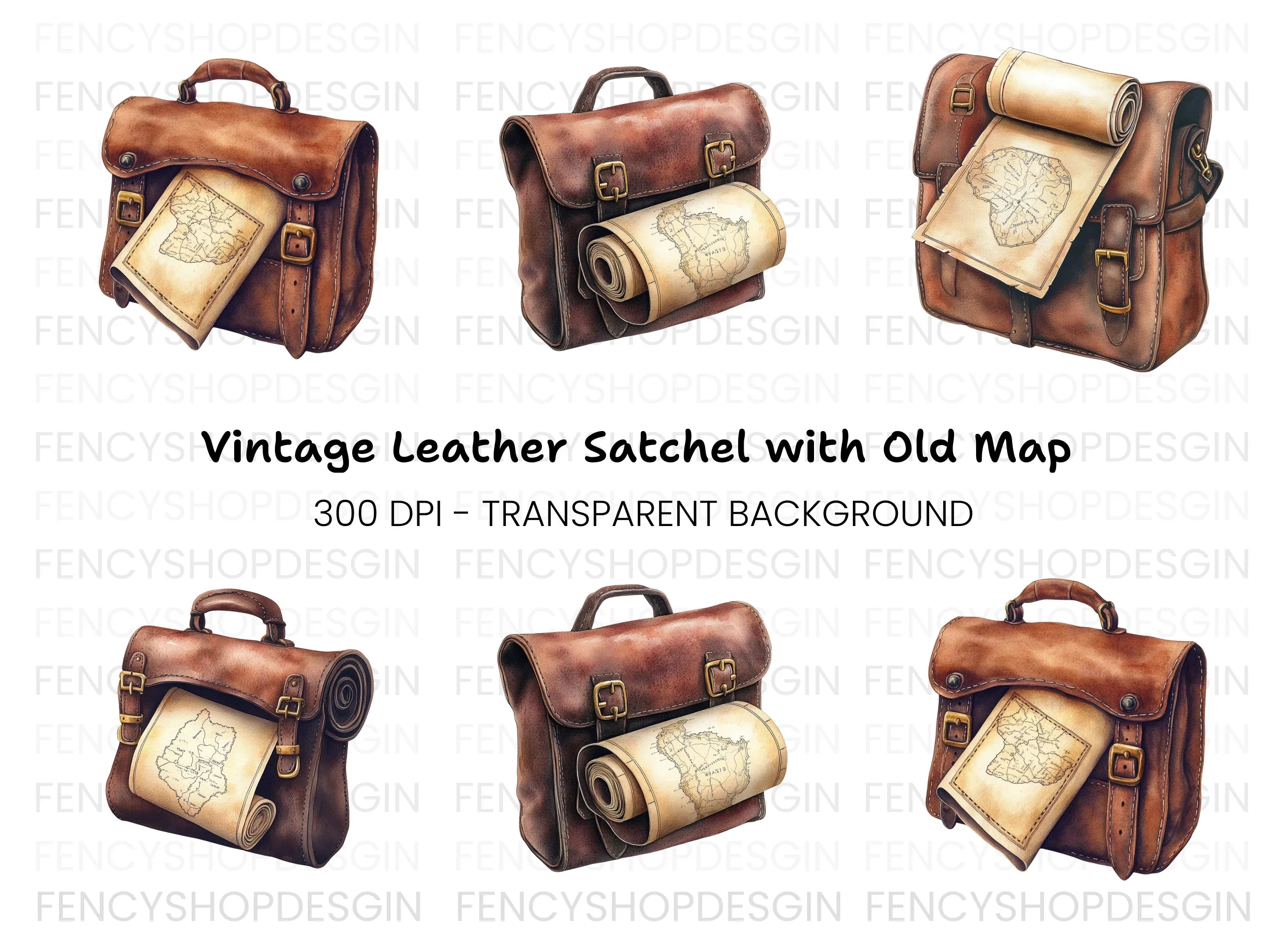 Vintage Leather Satchel with Old Maps Clipart Bundle
