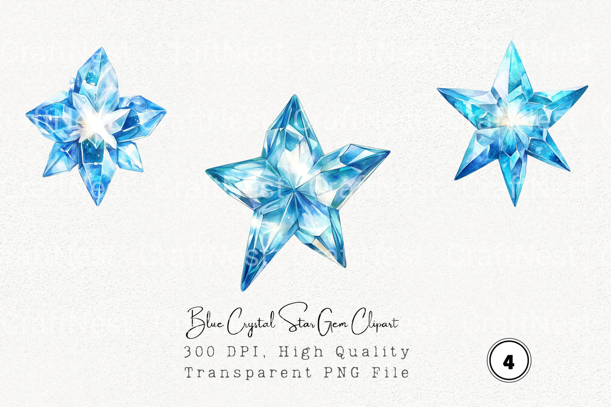 Blue Crystal Star Gem Clipart Bundle