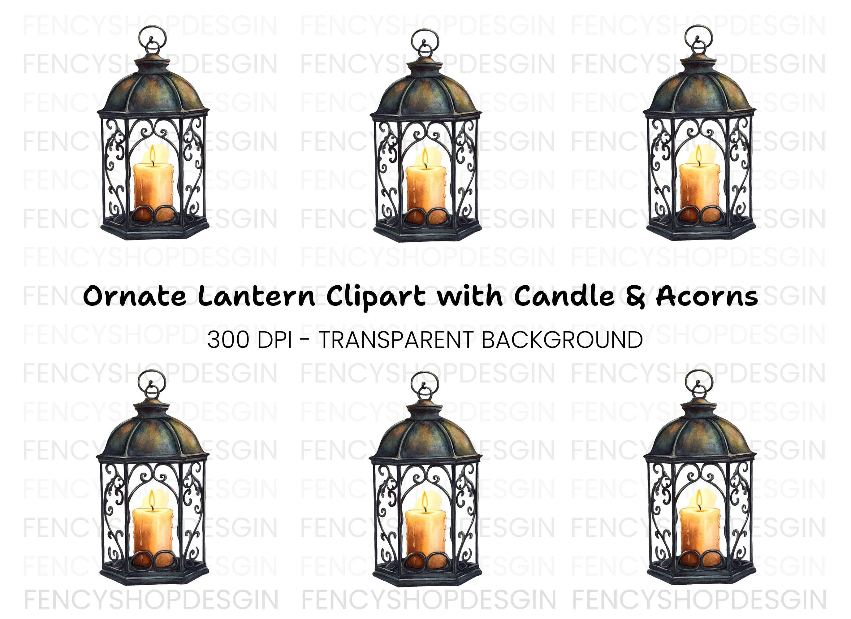 Ornate Metal Lantern with Burning Candle Clipart Bundle