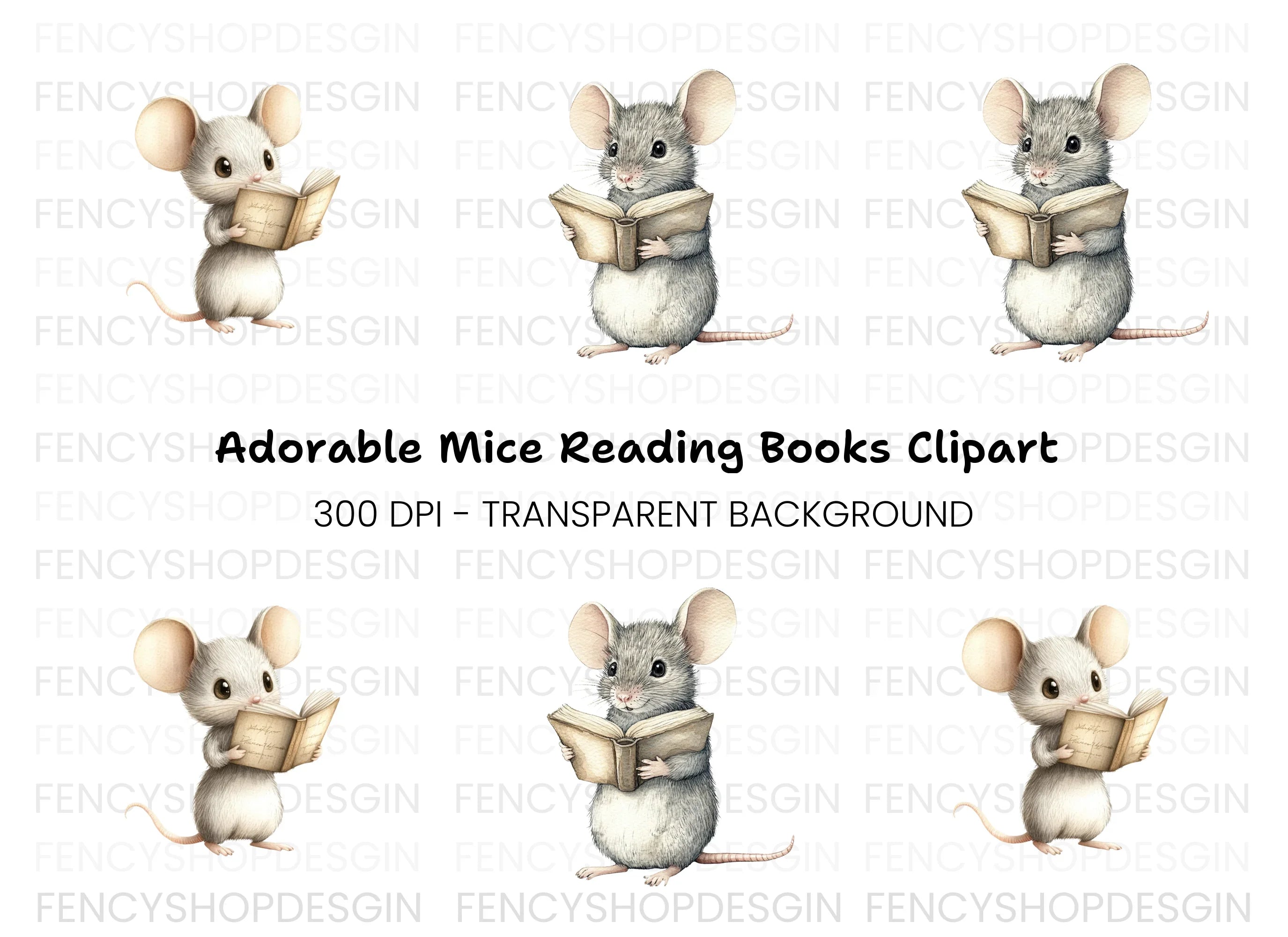 Cute Mice Reading Books Clipart Bundle