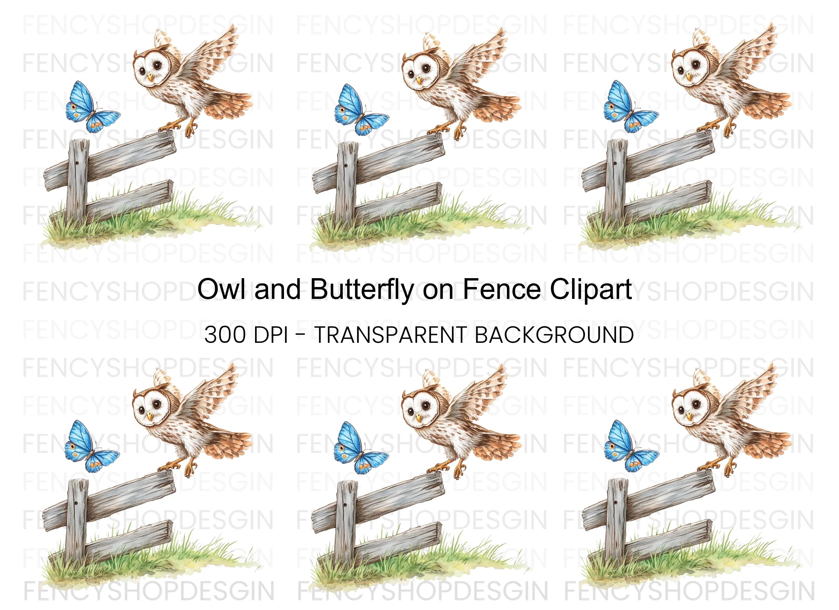 Owl and Butterfly on Fence Clipart Bundle