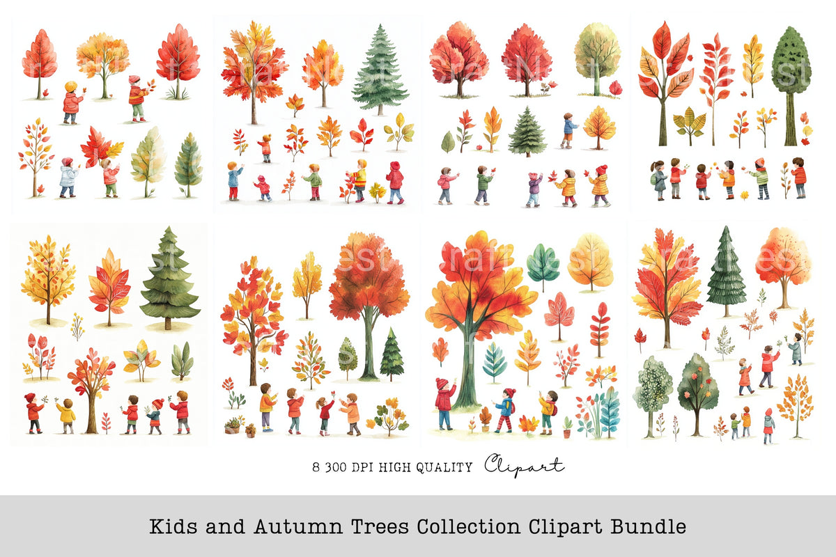 Kids And Autumn Trees Clipart Bundle