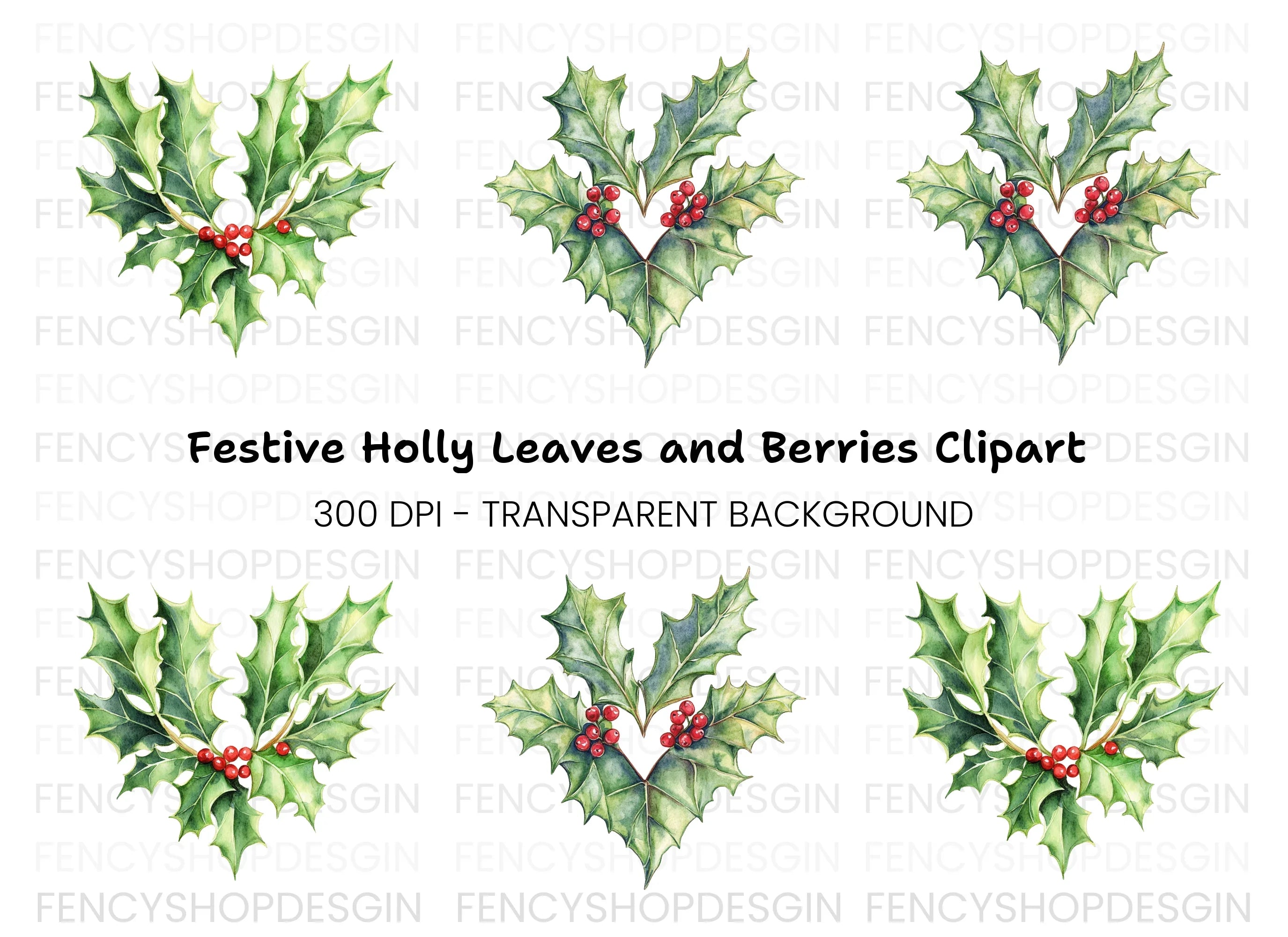 Heart Shaped Holly Berry Clipart Bundle