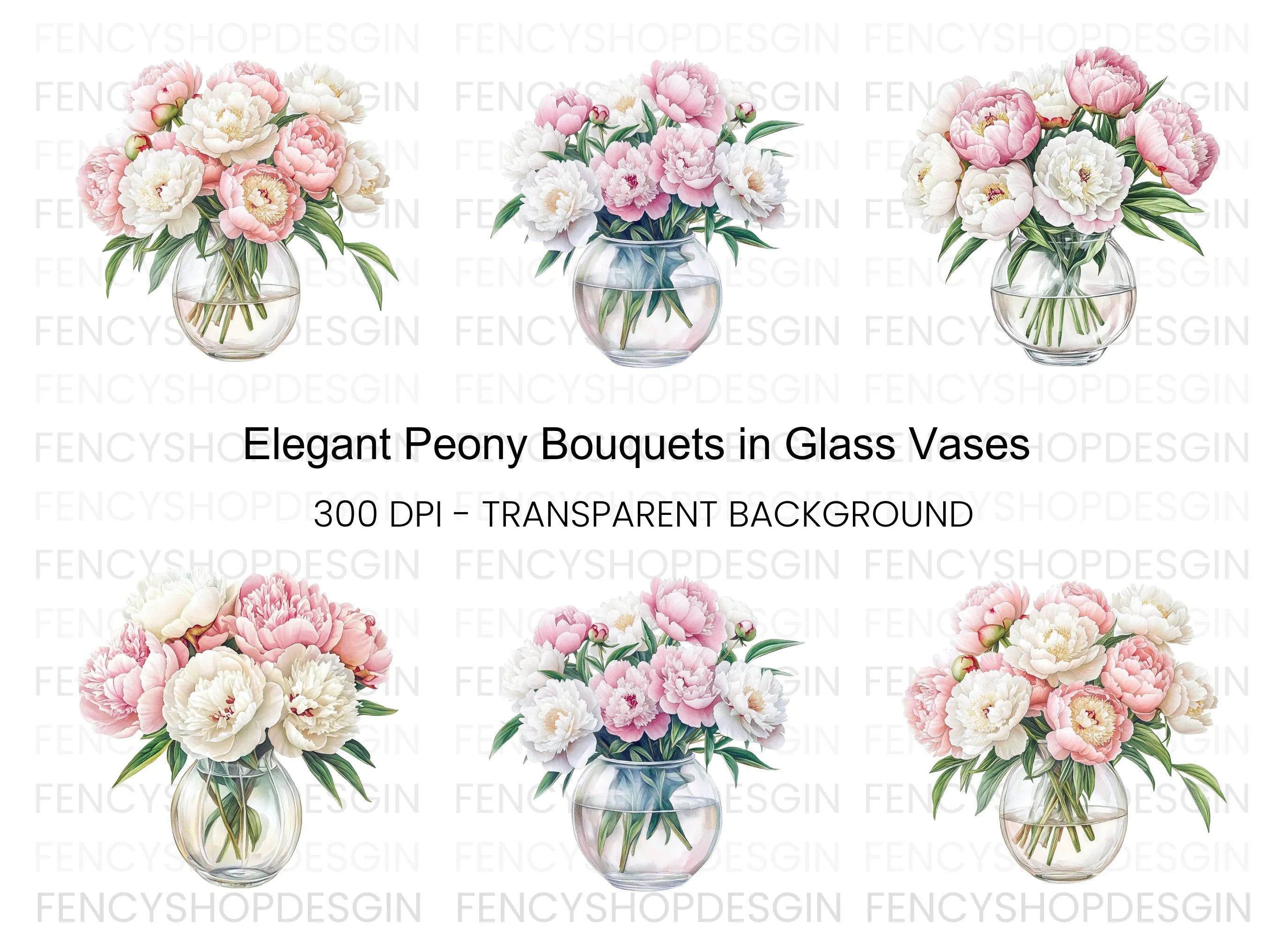 Pink and White Peonies in Glass Vases Clipart Bundle