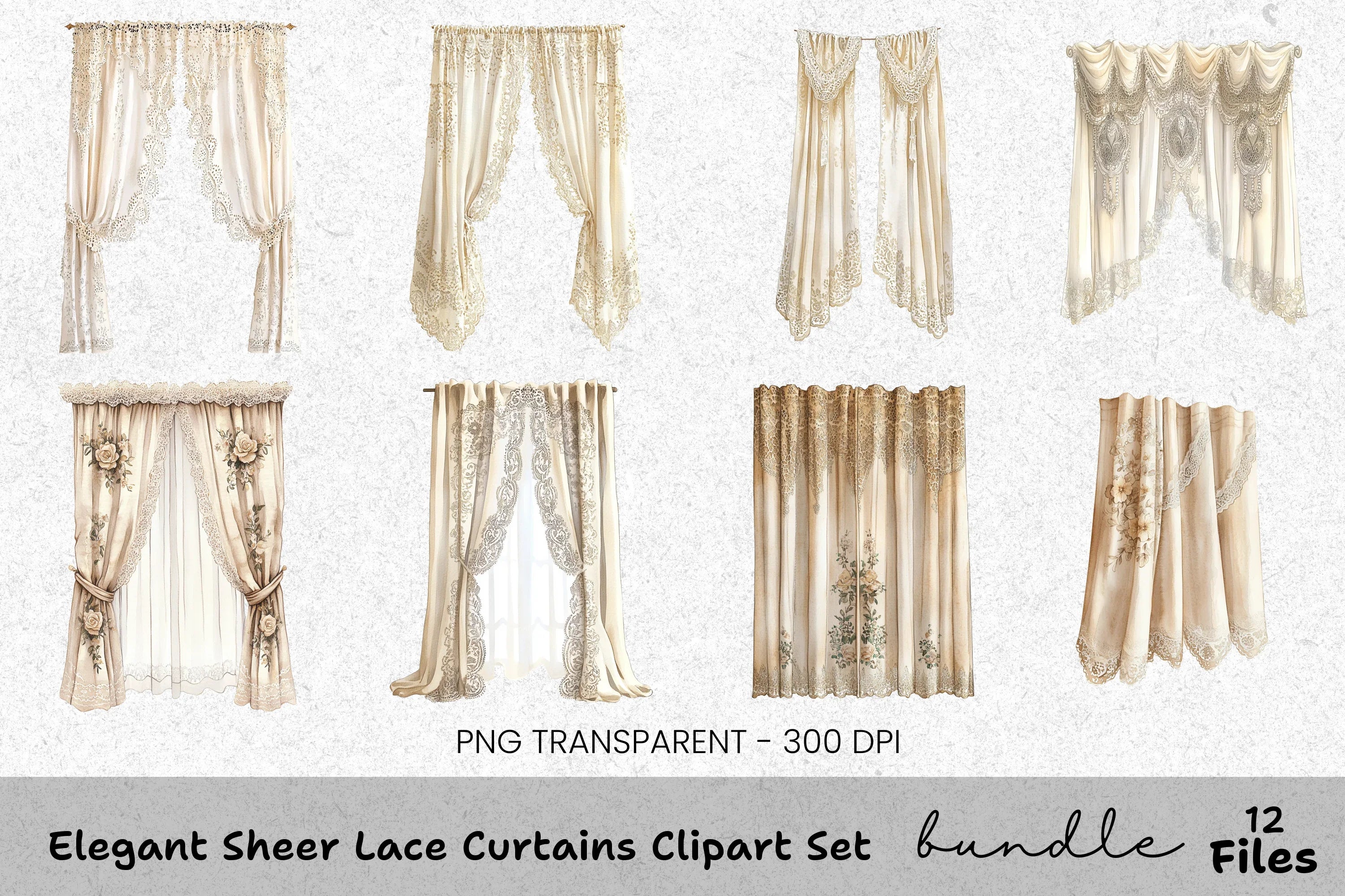 Elegant Sheer Lace Curtains Clipart Bundle