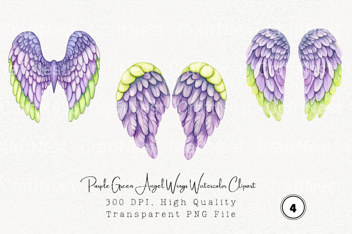 Purple Green Angel Wings Clipart Bundle
