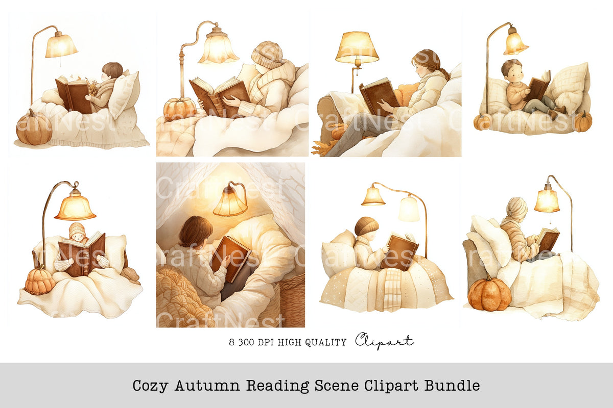 Cozy Autumn Reading Scene Clipart Bundle