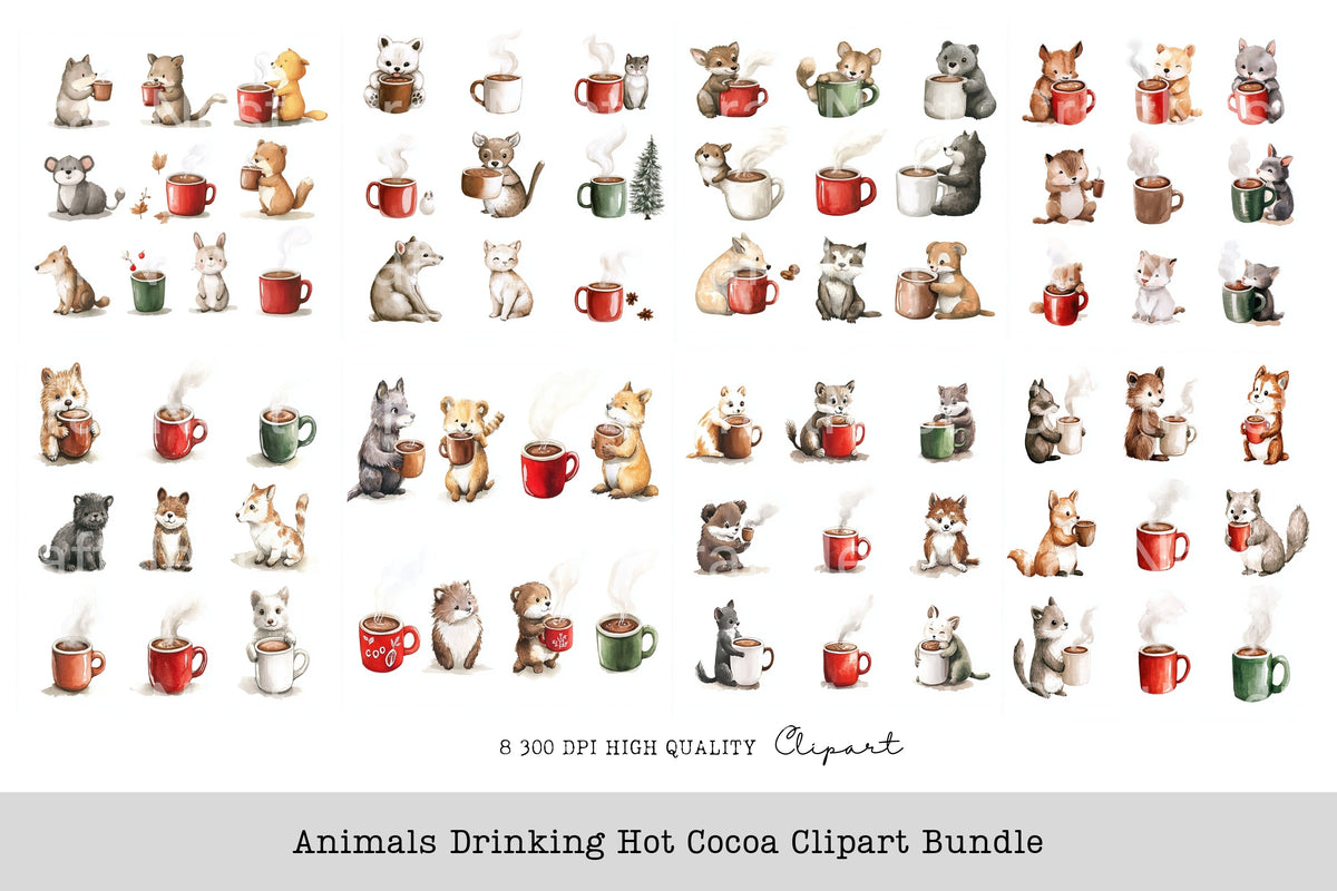 Animals Drinking Hot Cocoa Clipart Bundle