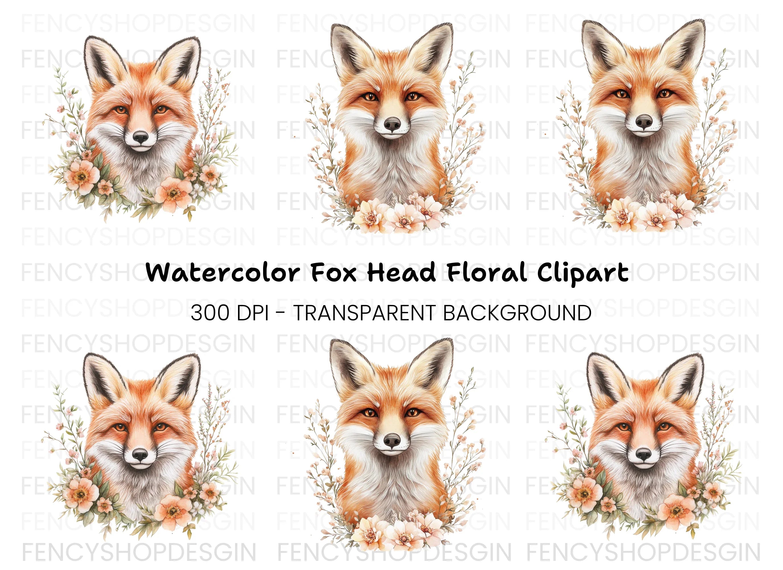 Fox Head Floral Clipart Bundle