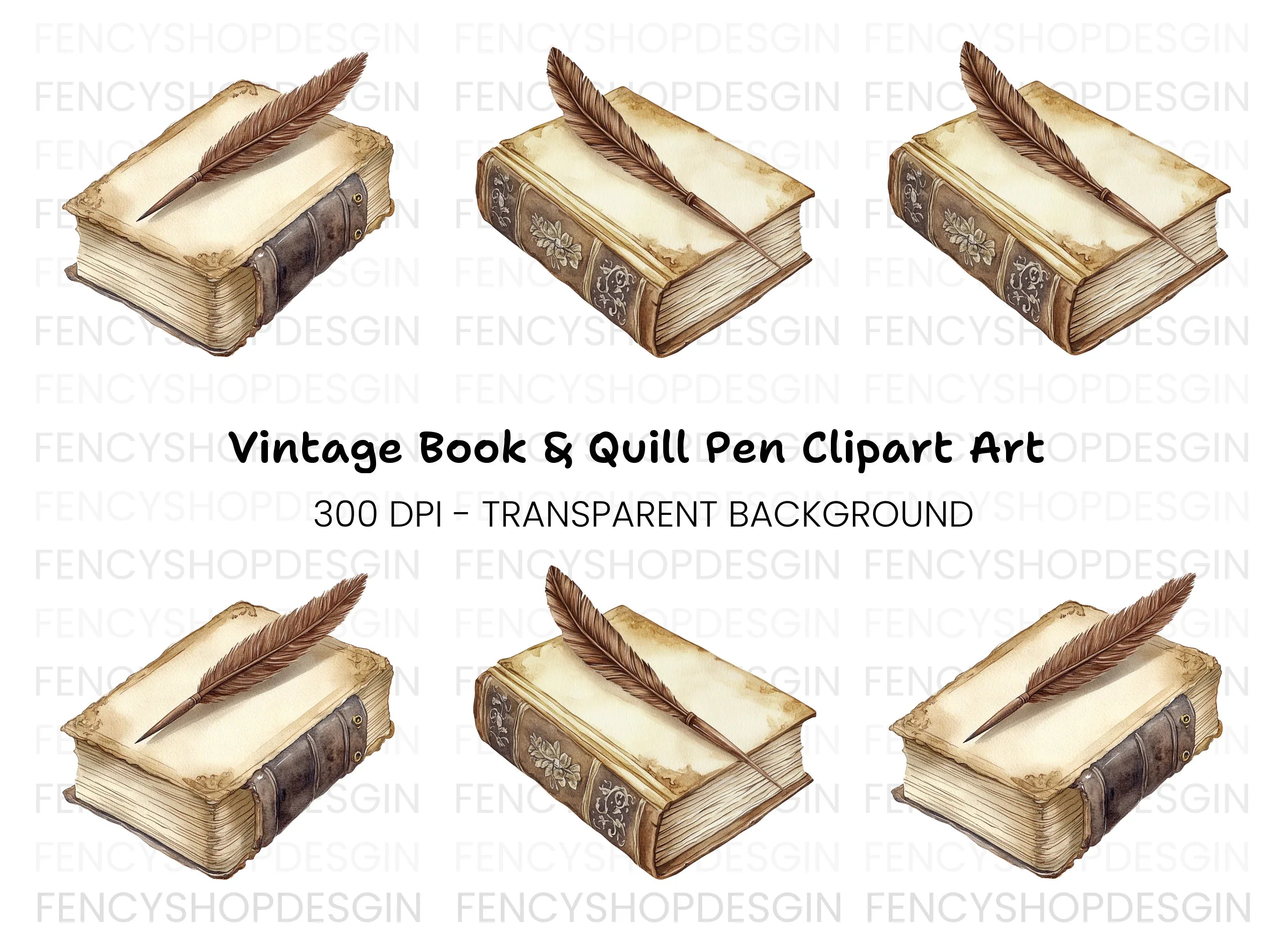 Vintage Books and Quill Pen Clipart Bundle