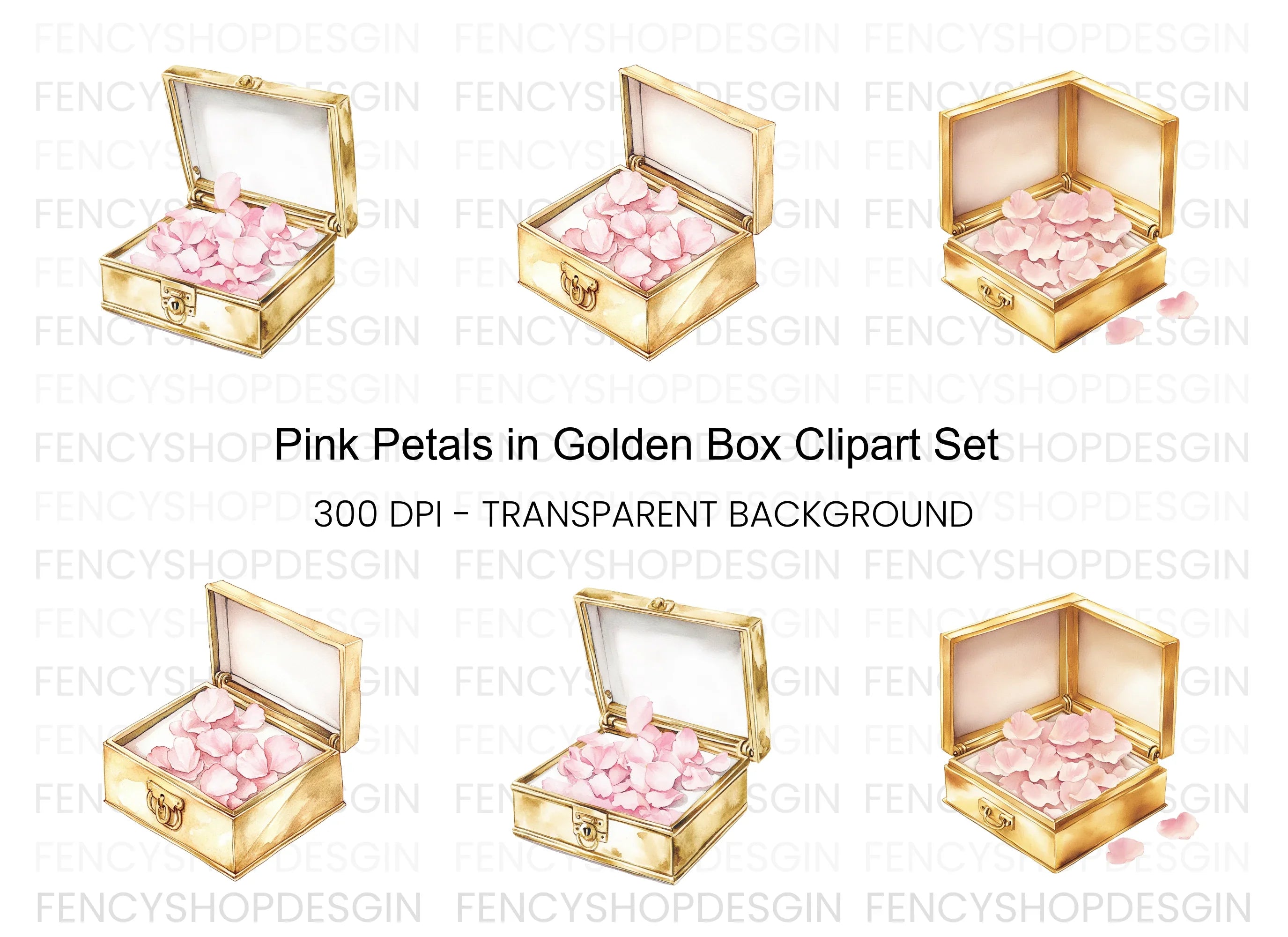 Pink Petals in Golden Box Clipart Bundle