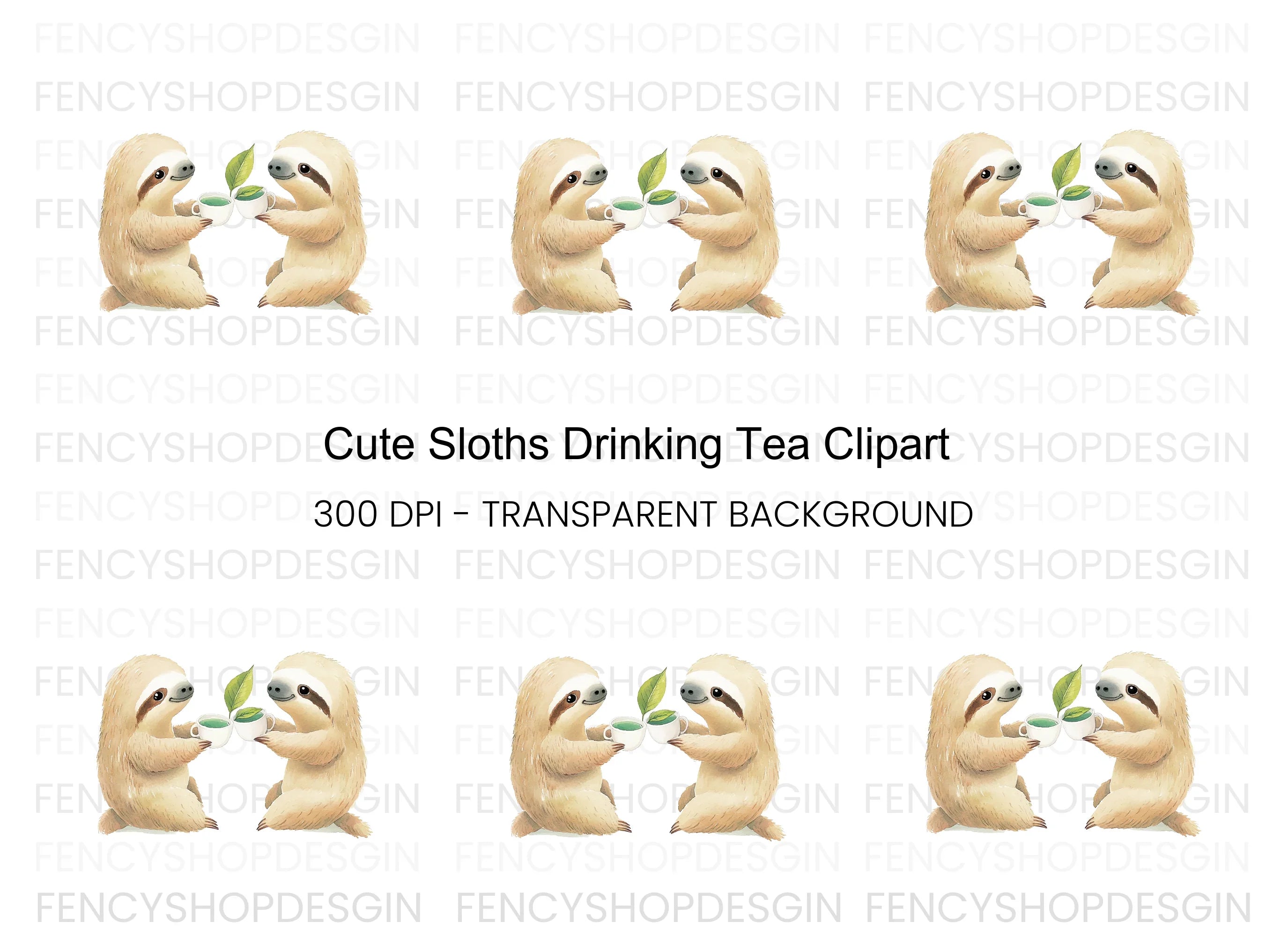 Cute Sloths Drinking Tea Clipart Bundle