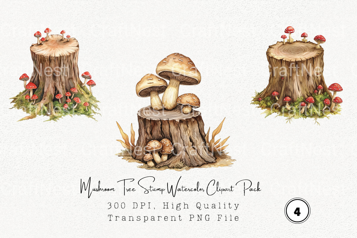 Mushroom Tree Stump Clipart Bundle