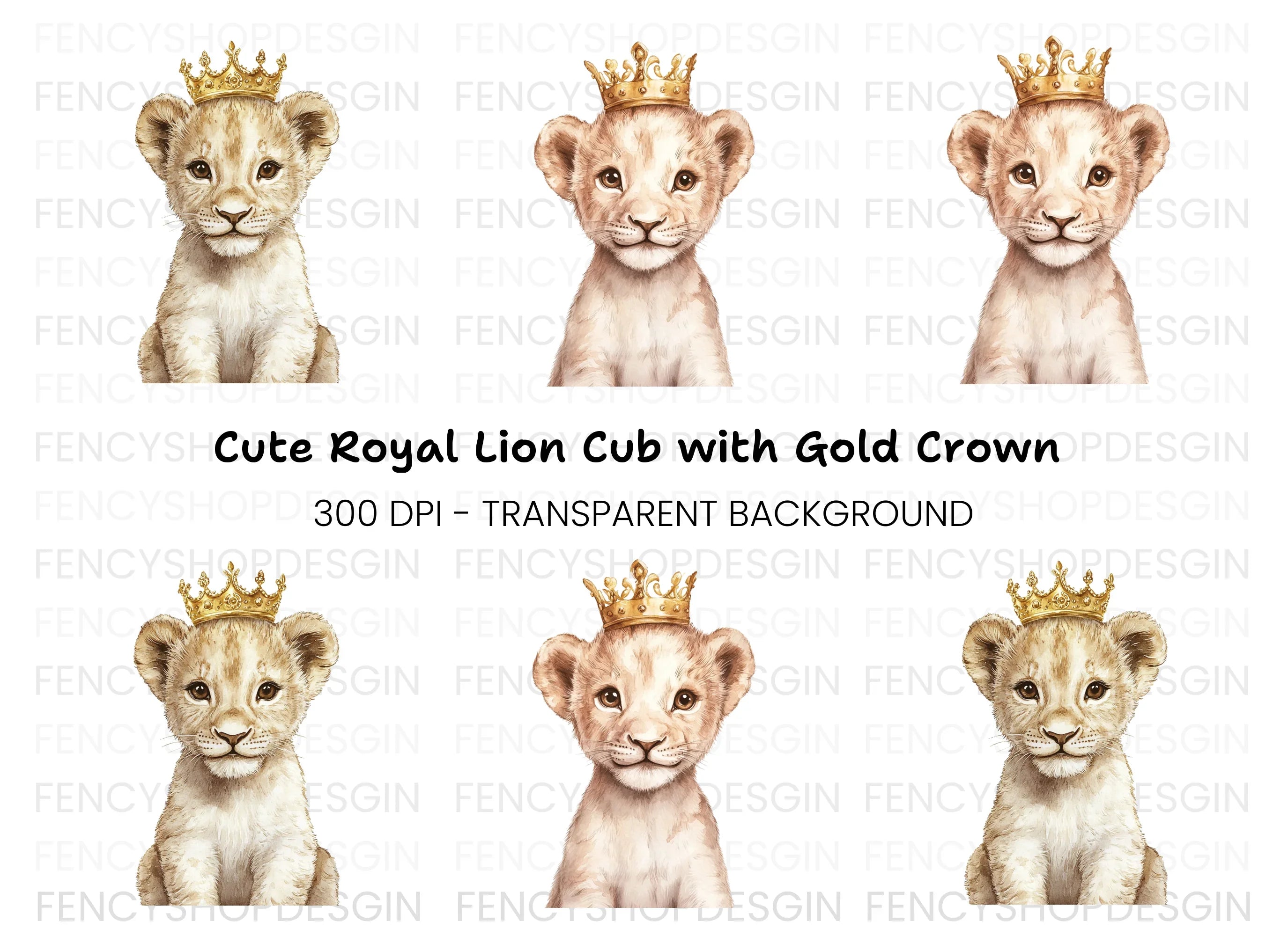 Cute Lion Cub with Golden Crown Clipart Bundle
