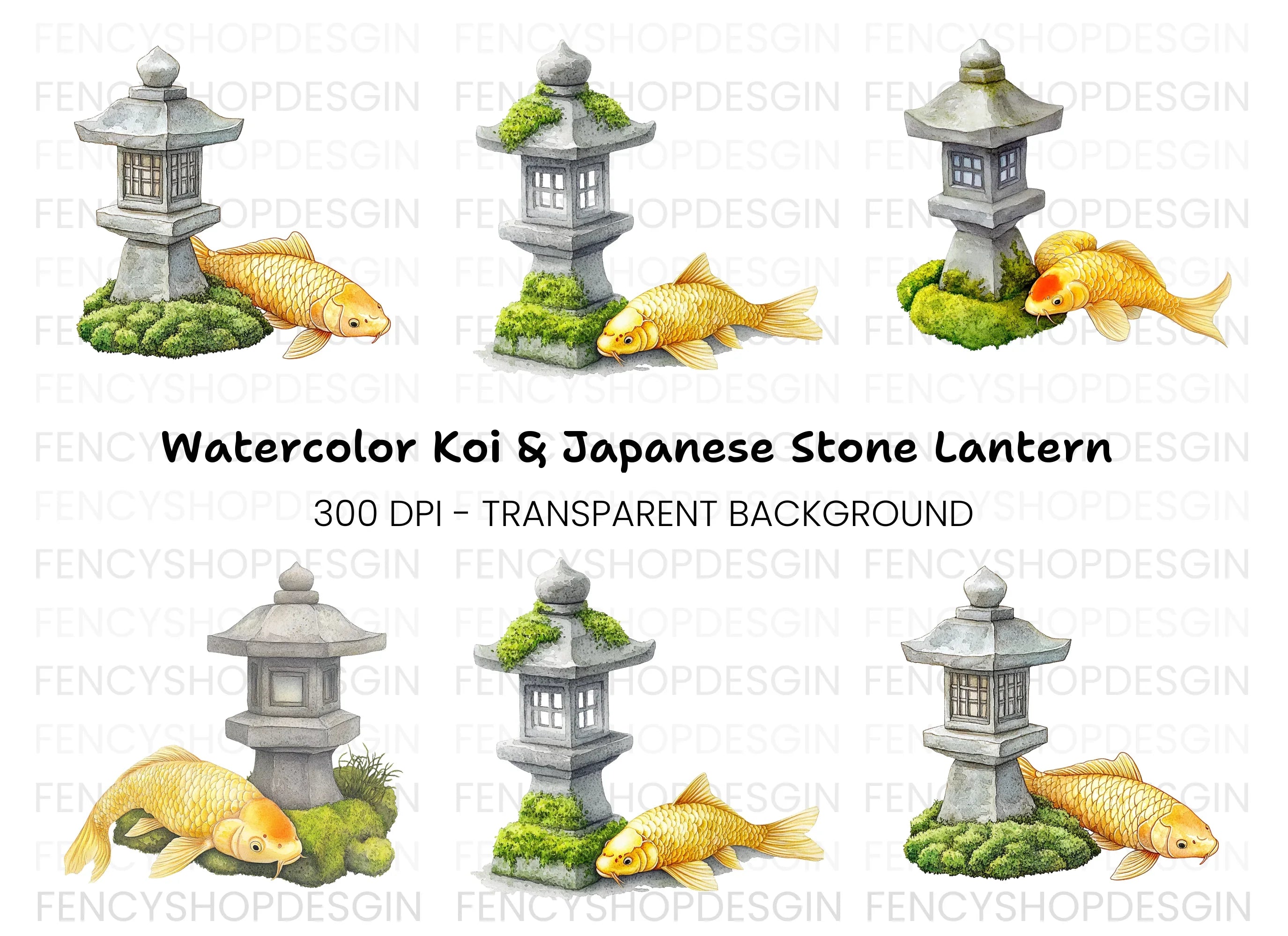 Japanese Garden Koi and Lantern Clipart Bundle