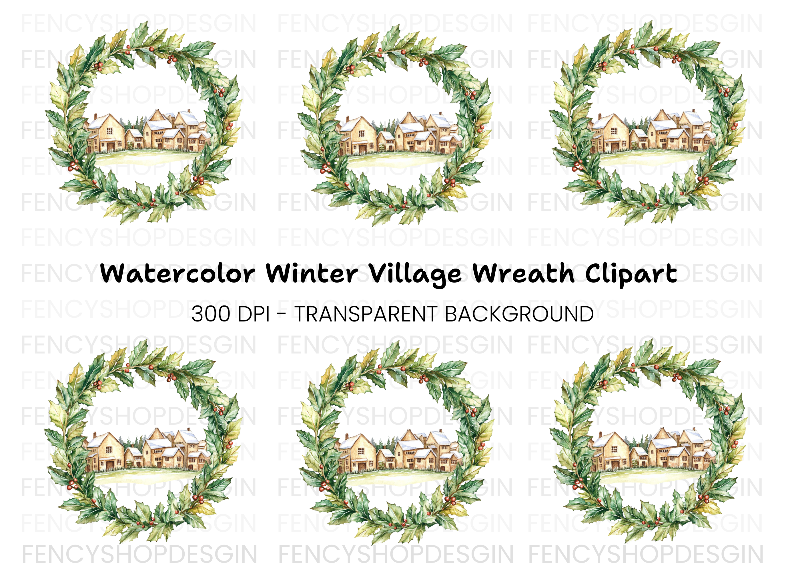 Holly Wreath Winter Village Clipart Bundle