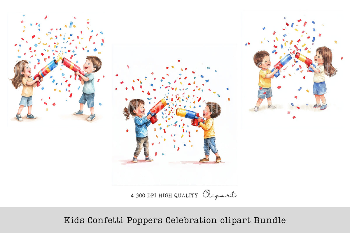 Kids Confetti Poppers Celebration Clipart Bundle