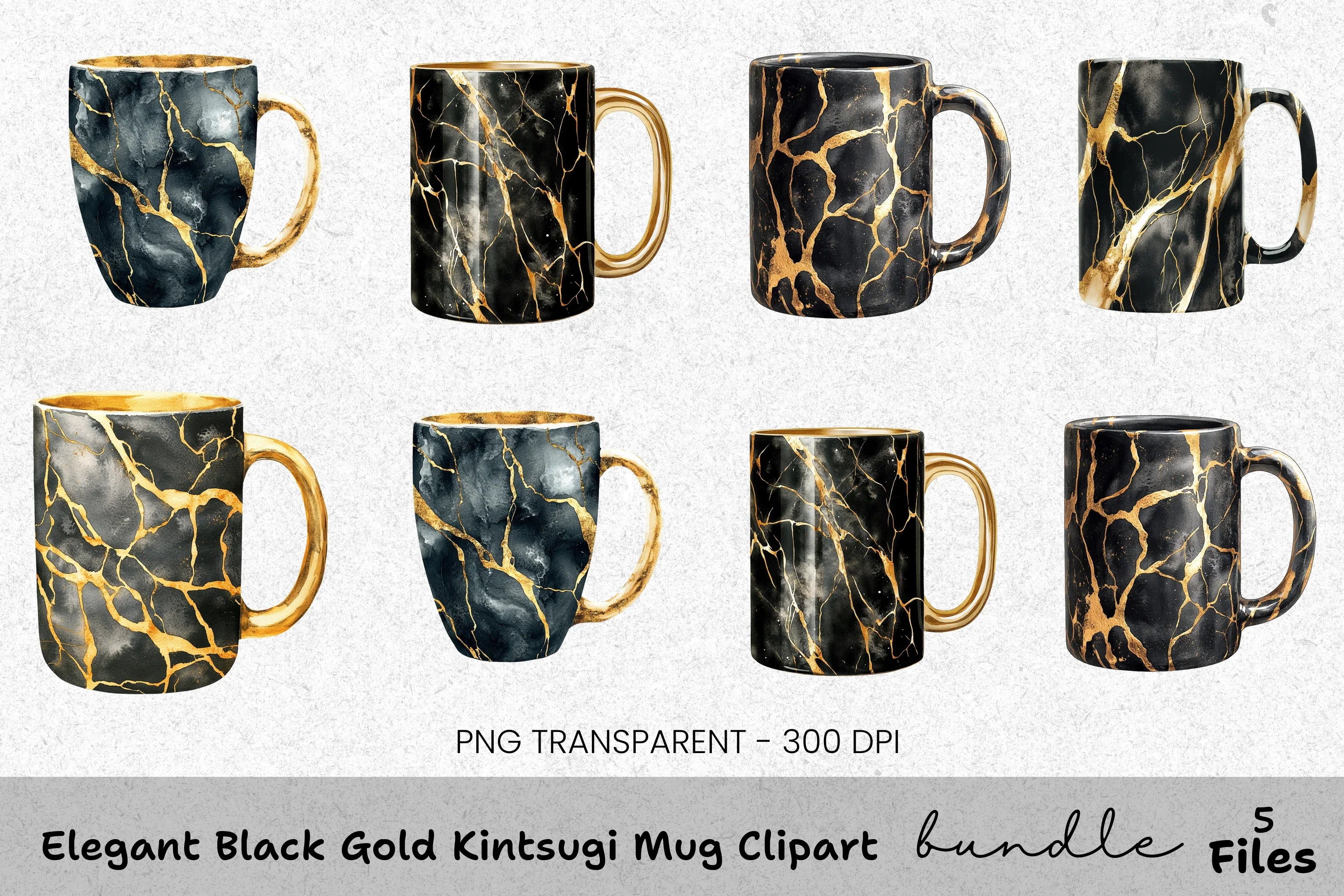 Elegant Black Gold Kintsugi Clipart Bundle