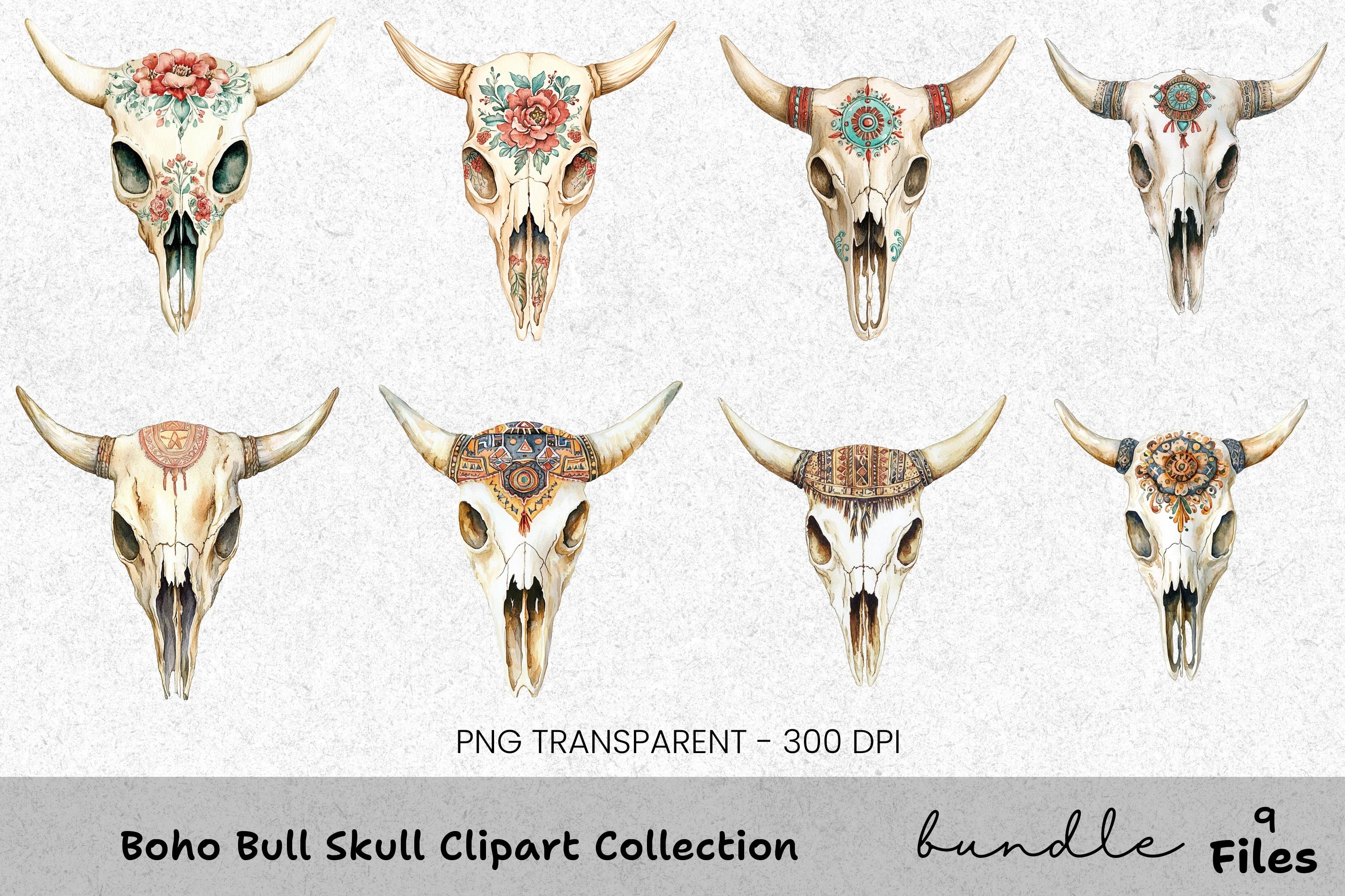 Boho Bull Skull Clipart Bundle