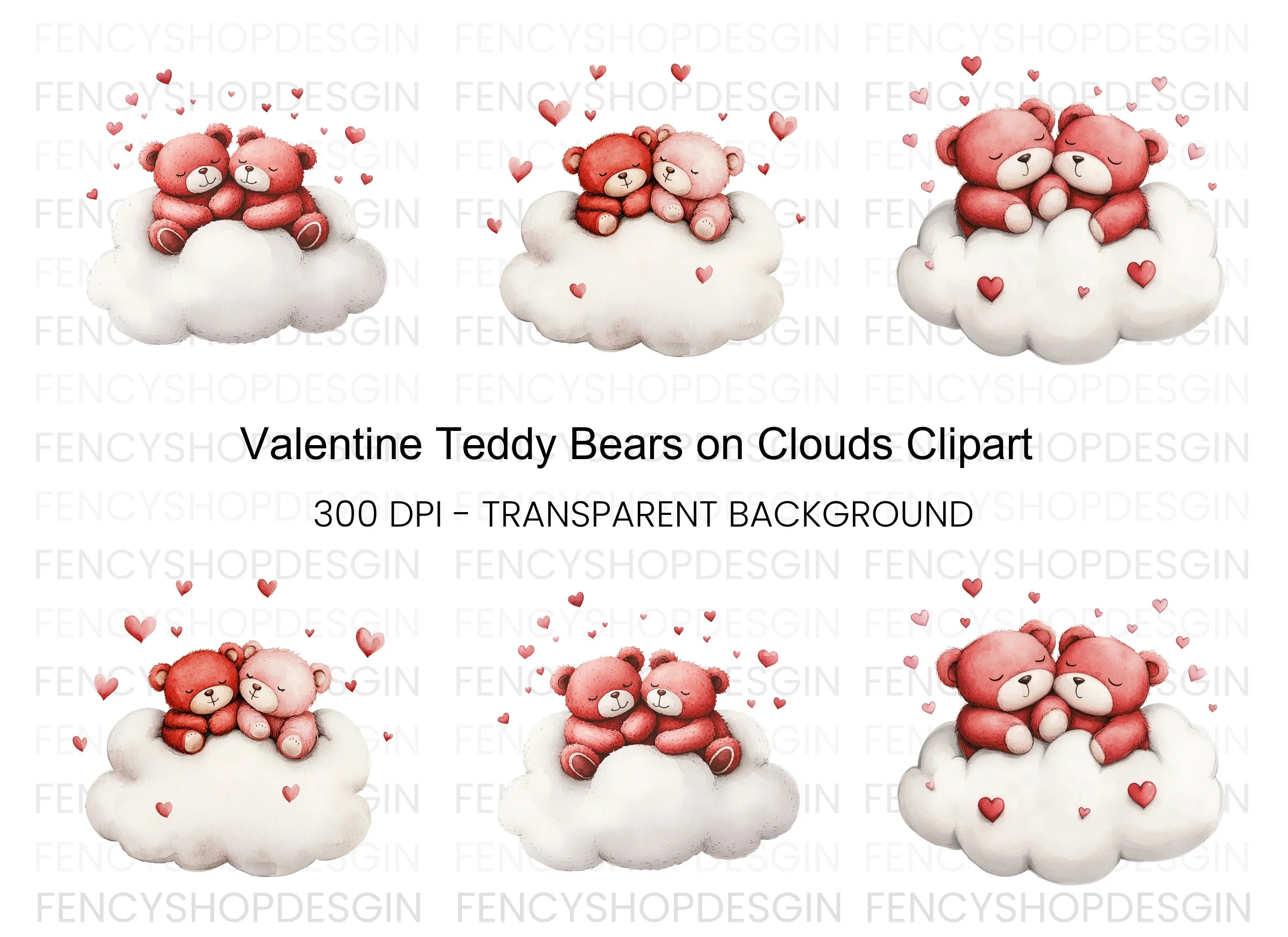 Valentine Teddy Bears on Clouds Clipart Bundle