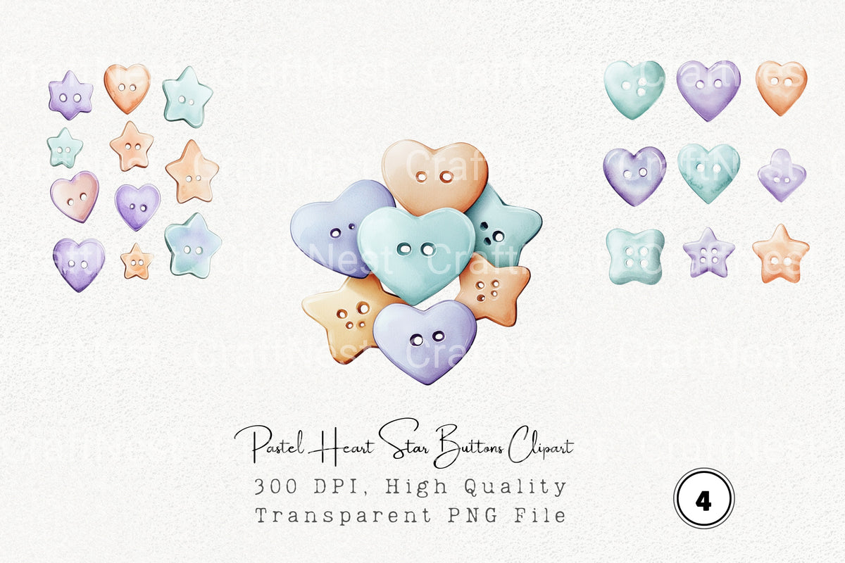 Pastel Heart Star Buttons Clipart Bundle