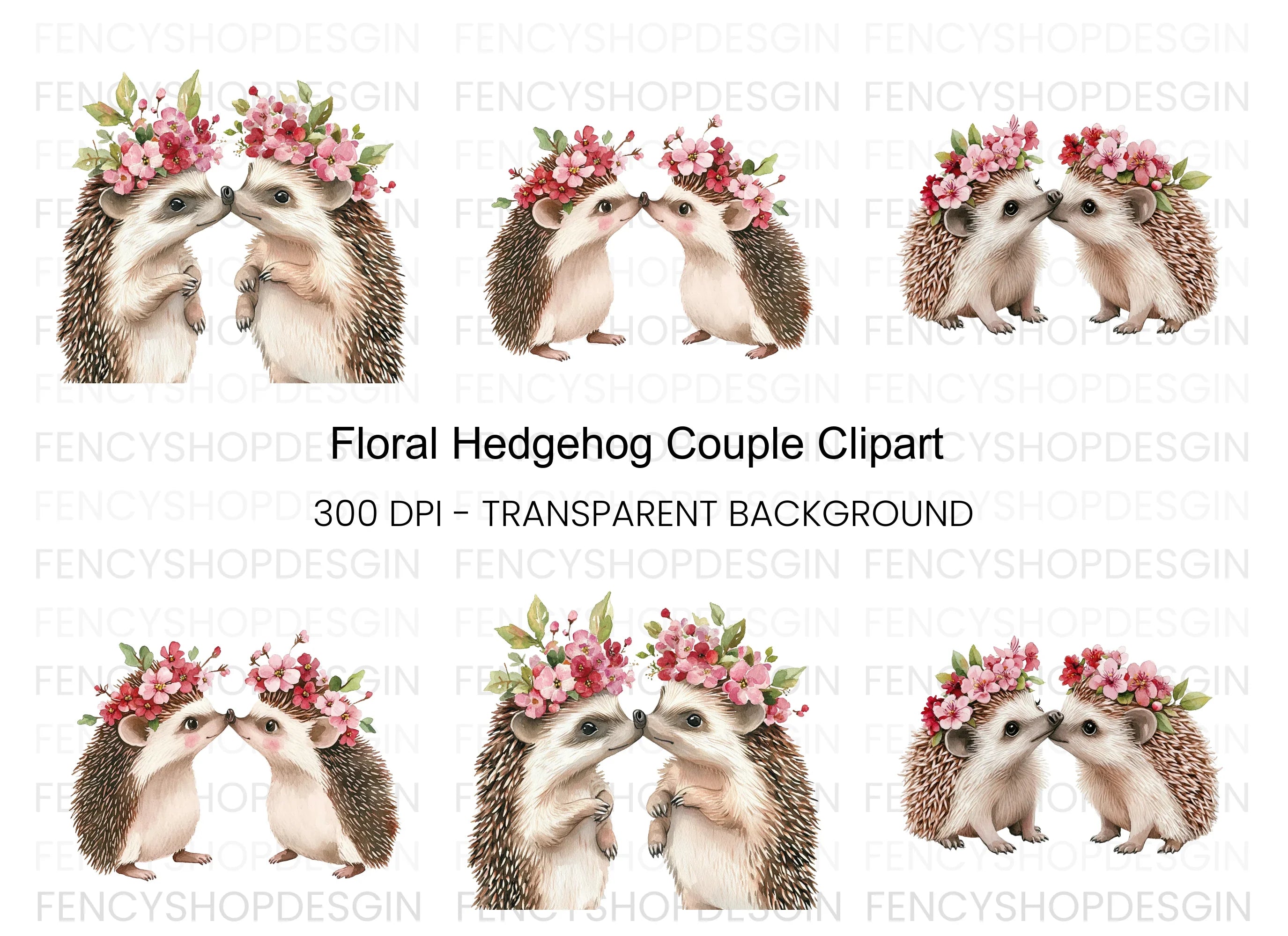 Hedgehog Couple Flower Crowns Clipart Bundle