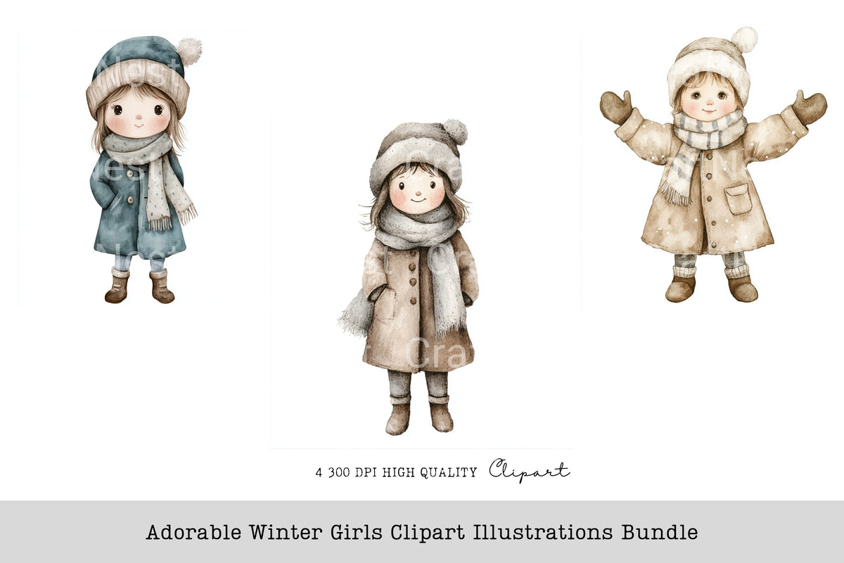 Adorable Winter Girls Illustrations Clipart Bundle
